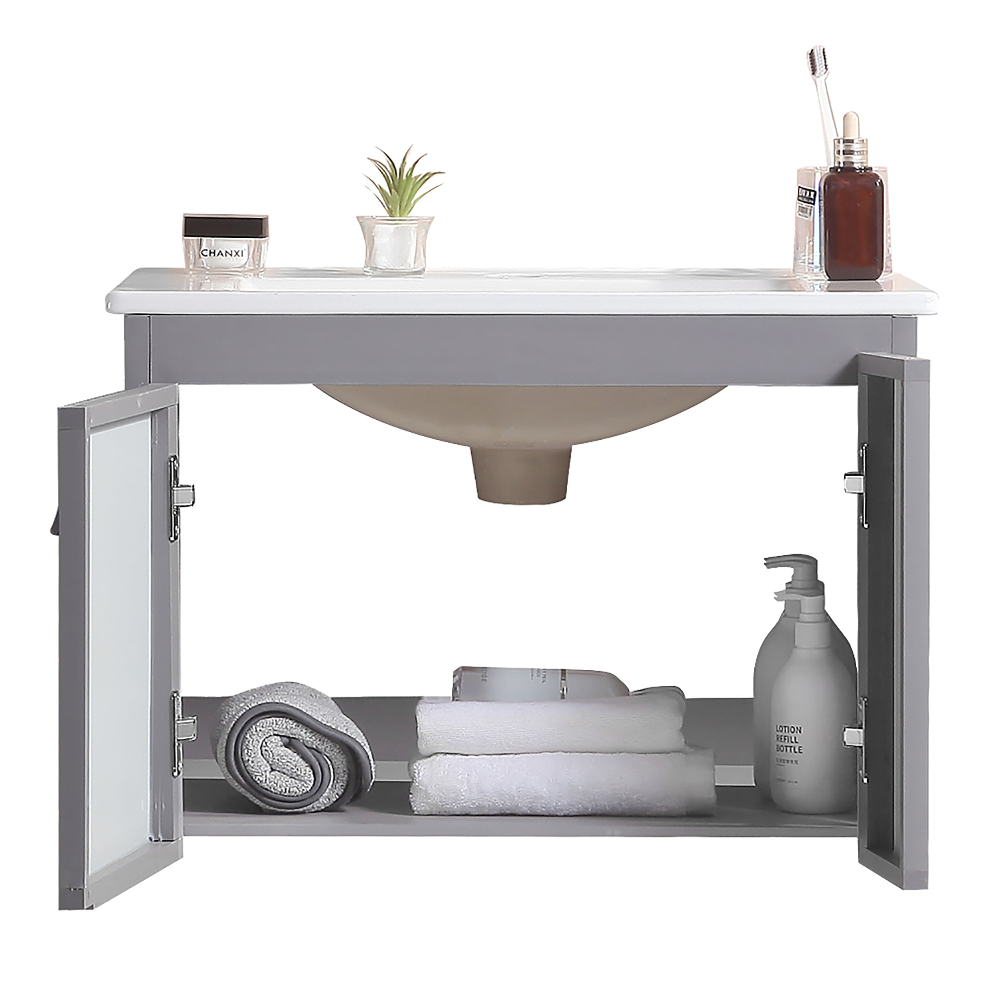 24 Inches Aluminium Wall-Mounted Bathroom Vanity Set with Integrated Ceramic Sink