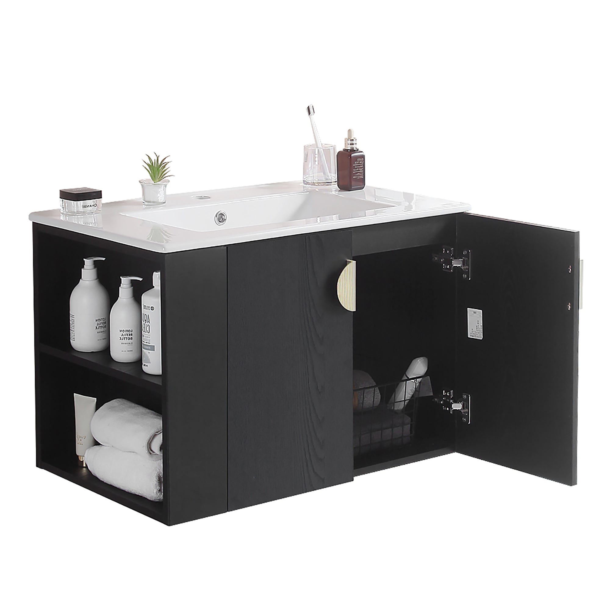 30 Inches Plywood Wall-Mounted Bathroom Vanity Set with Integrated Ceramic Sink