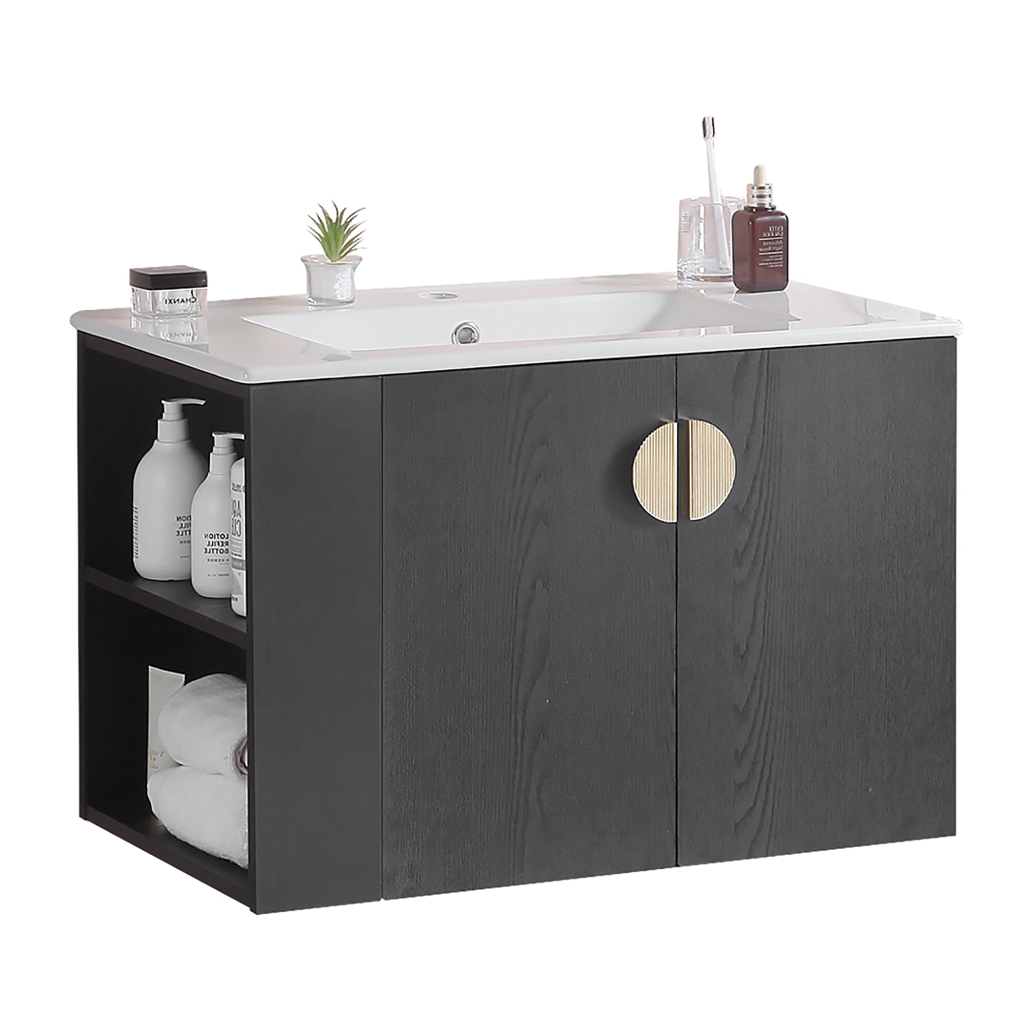 30 Inches Plywood Wall-Mounted Bathroom Vanity Set with Integrated Ceramic Sink