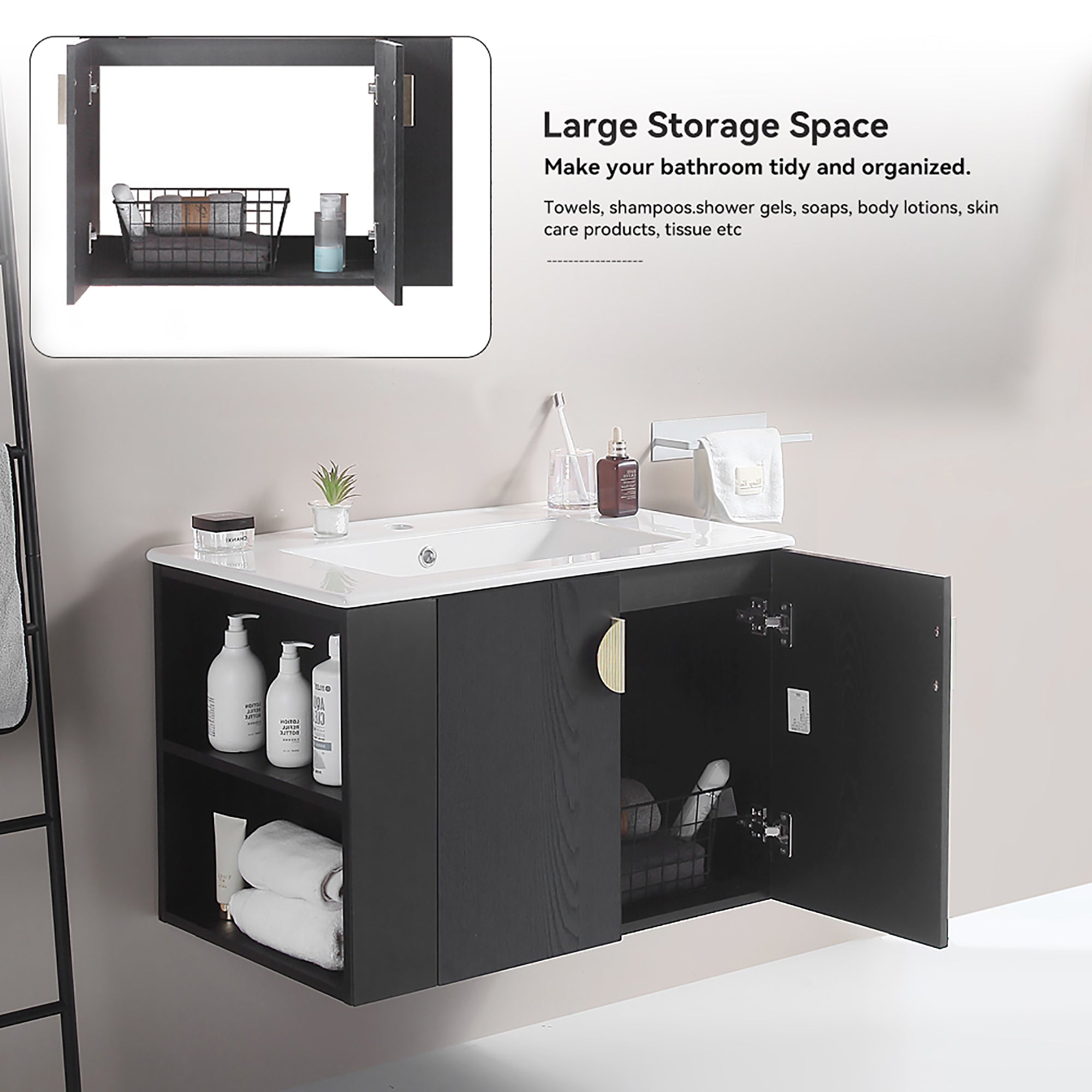 30 Inches Plywood Wall-Mounted Bathroom Vanity Set with Integrated Ceramic Sink