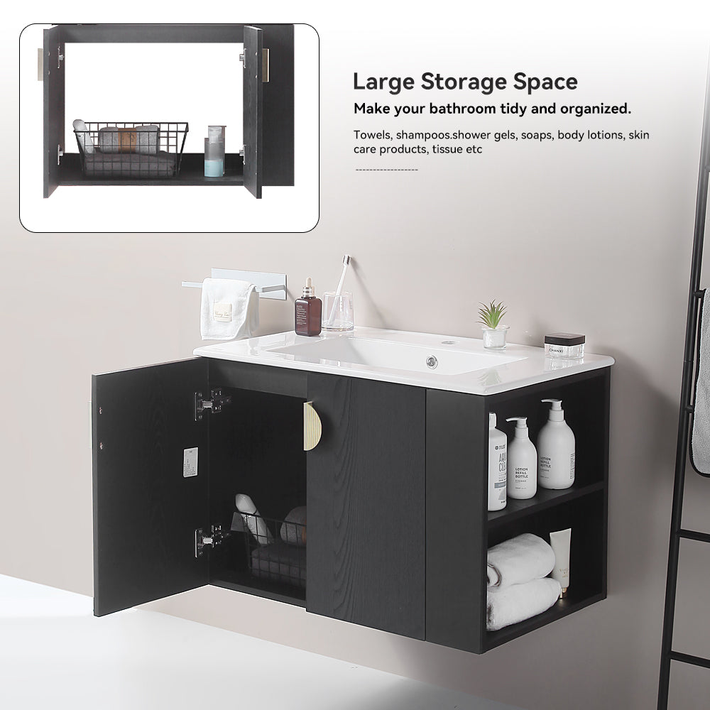 30 Inches Plywood Wall-Mounted Bathroom Vanity Set with Integrated Ceramic Sink