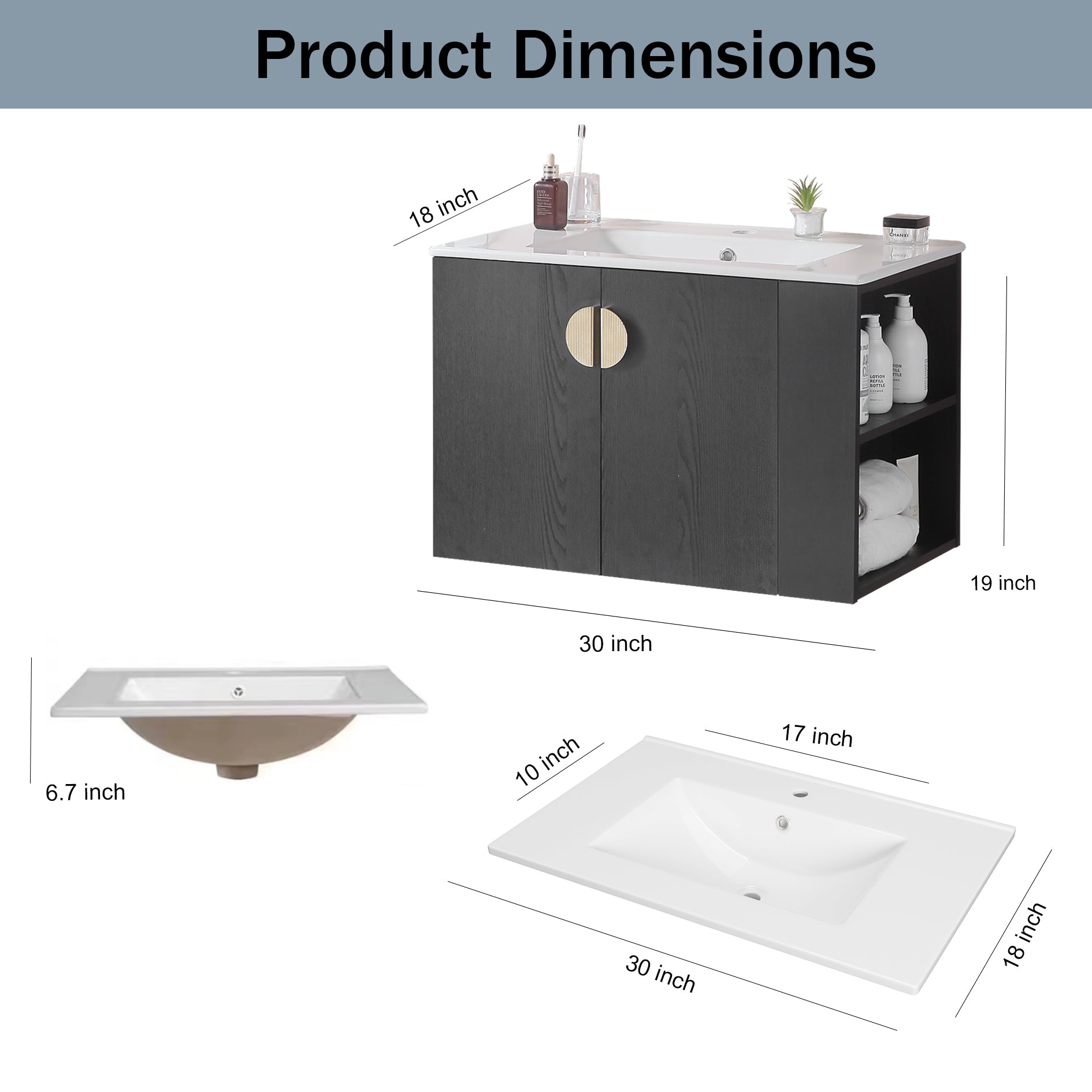 30 Inches Plywood Wall-Mounted Bathroom Vanity Set with Integrated Ceramic Sink