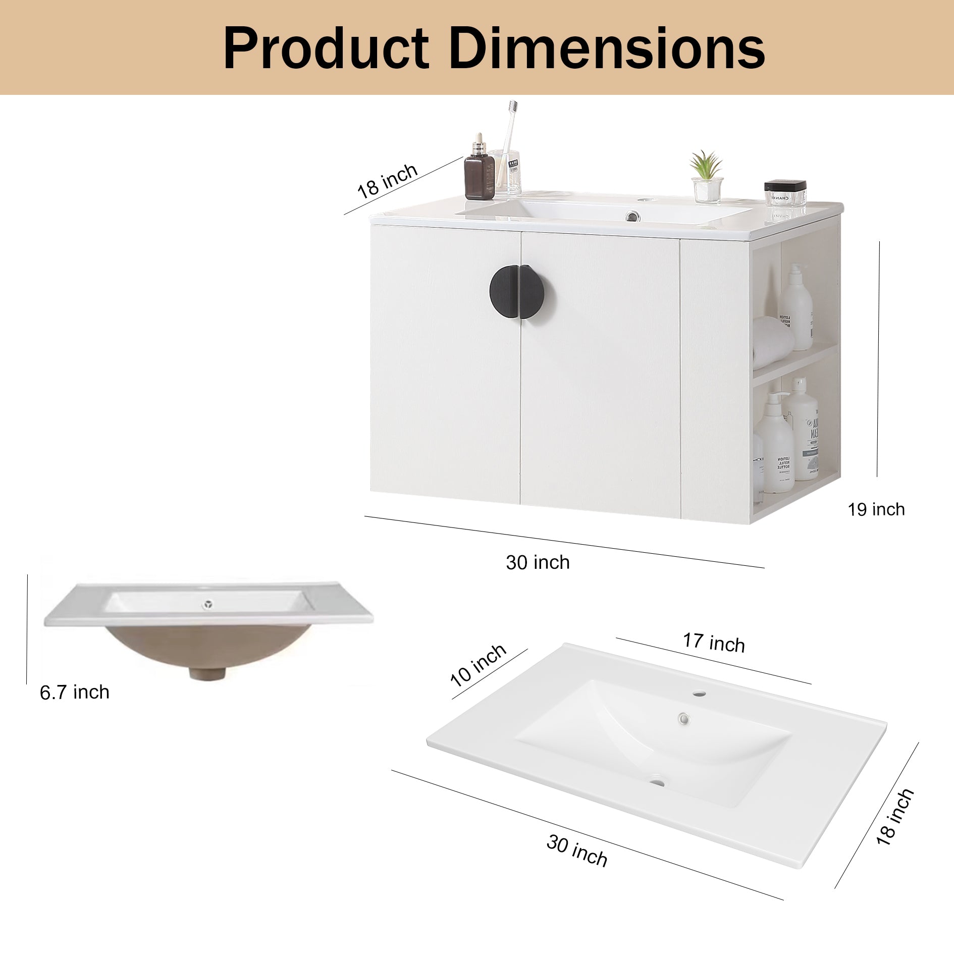 30 Inches Plywood Wall-Mounted Bathroom Vanity Set with Integrated Ceramic Sink