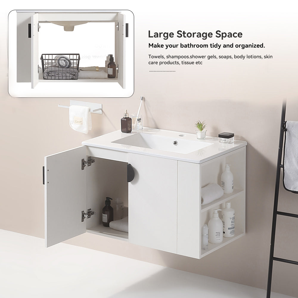 30 Inches Plywood Wall-Mounted Bathroom Vanity Set with Integrated Ceramic Sink