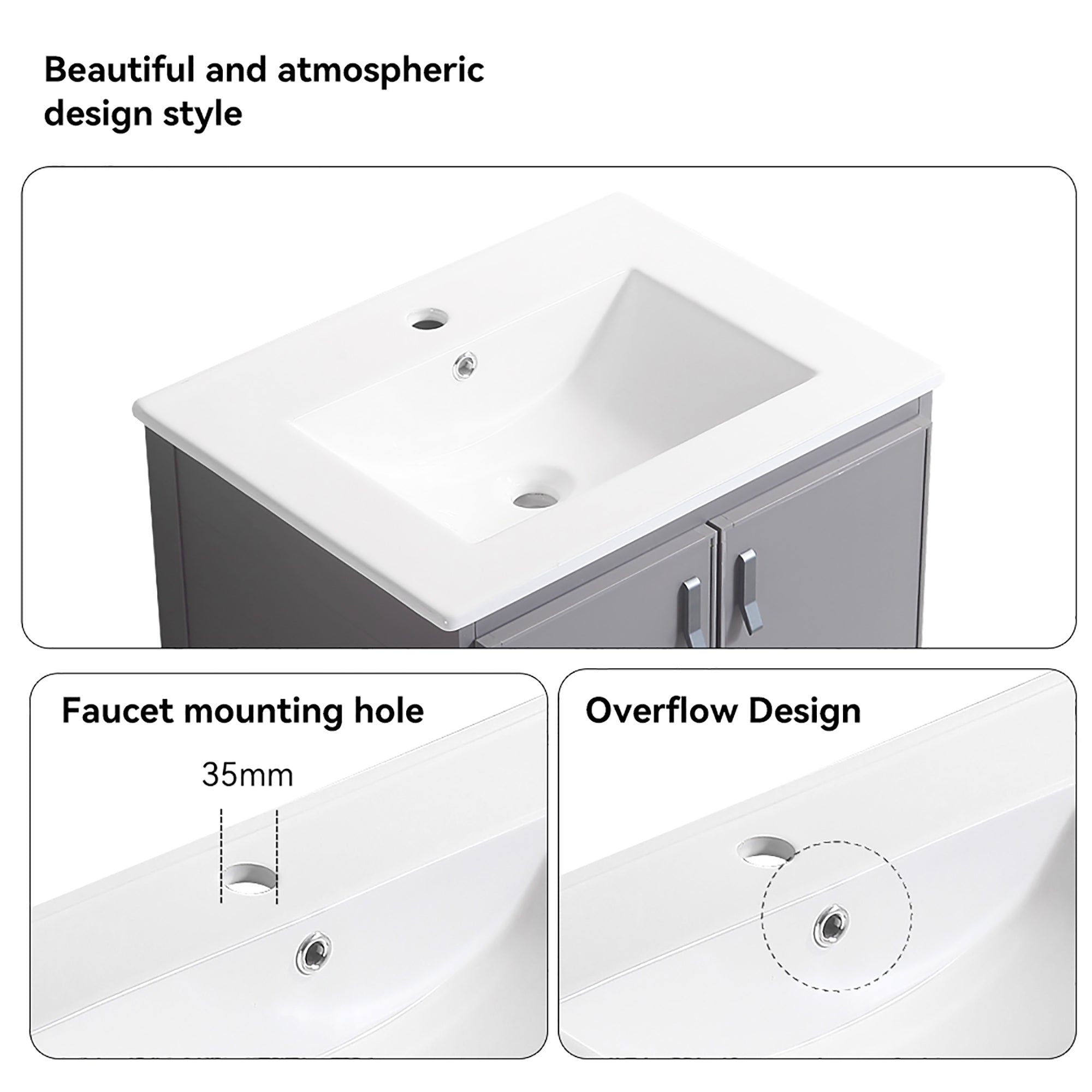 24 Inches Aluminium Wall-Mounted Bathroom Vanity Set with Integrated Ceramic Sink