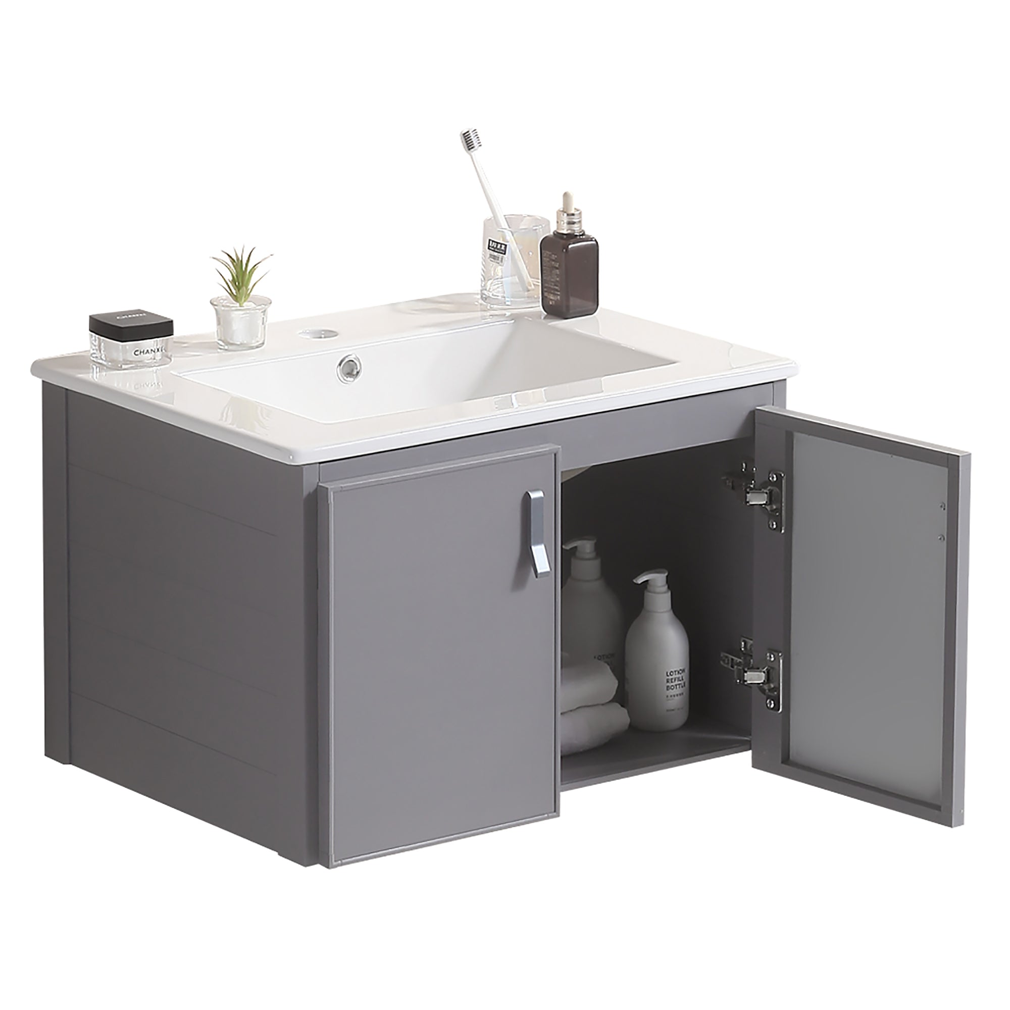 24 Inches Aluminium Wall-Mounted Bathroom Vanity Set with Integrated Ceramic Sink