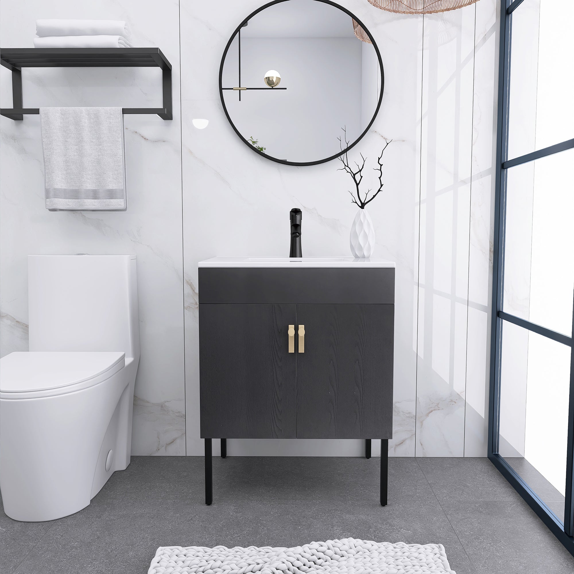 24/30 Inches Plywood Freestanding Bathroom Vanity Set with Integrated Ceramic Sink