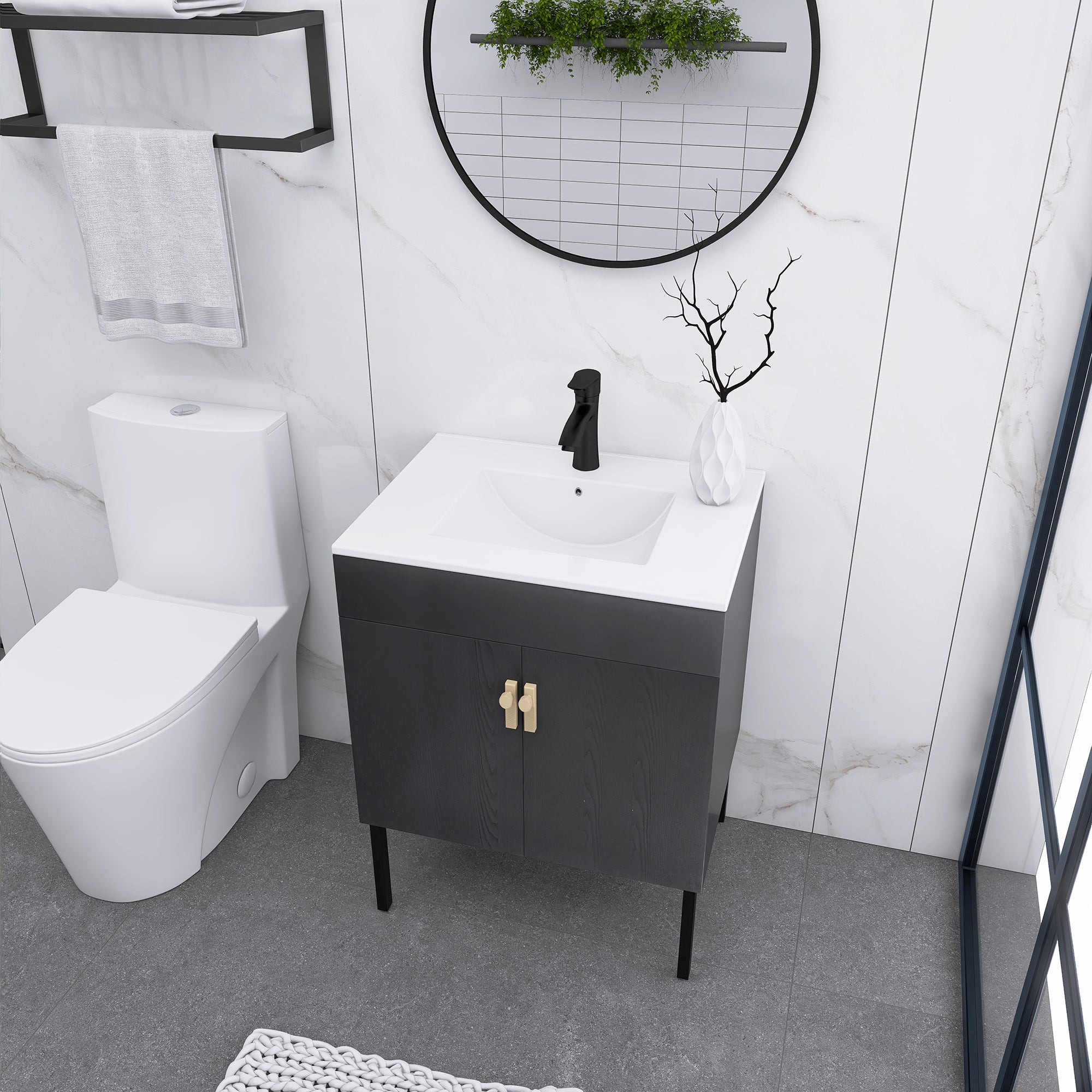 24/30 Inches Plywood Freestanding Bathroom Vanity Set with Integrated Ceramic Sink