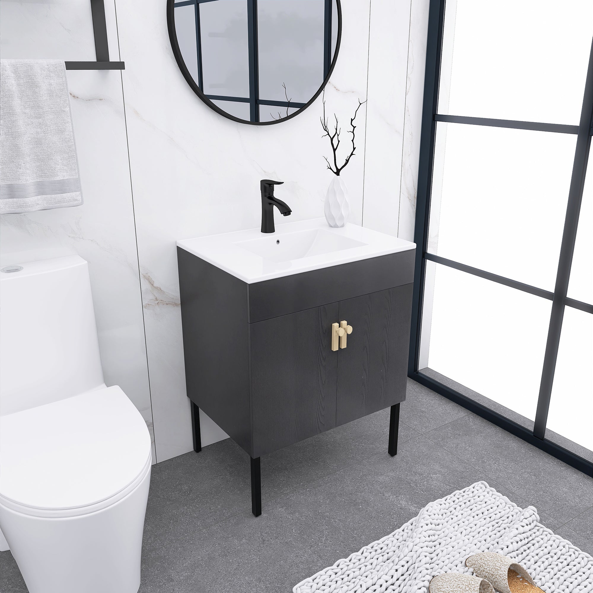 24/30 Inches Plywood Freestanding Bathroom Vanity Set with Integrated Ceramic Sink
