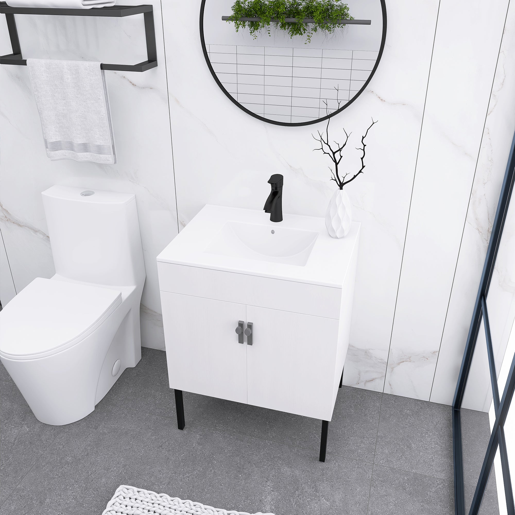 24/30 Inches Plywood Freestanding Bathroom Vanity Set with Integrated Ceramic Sink