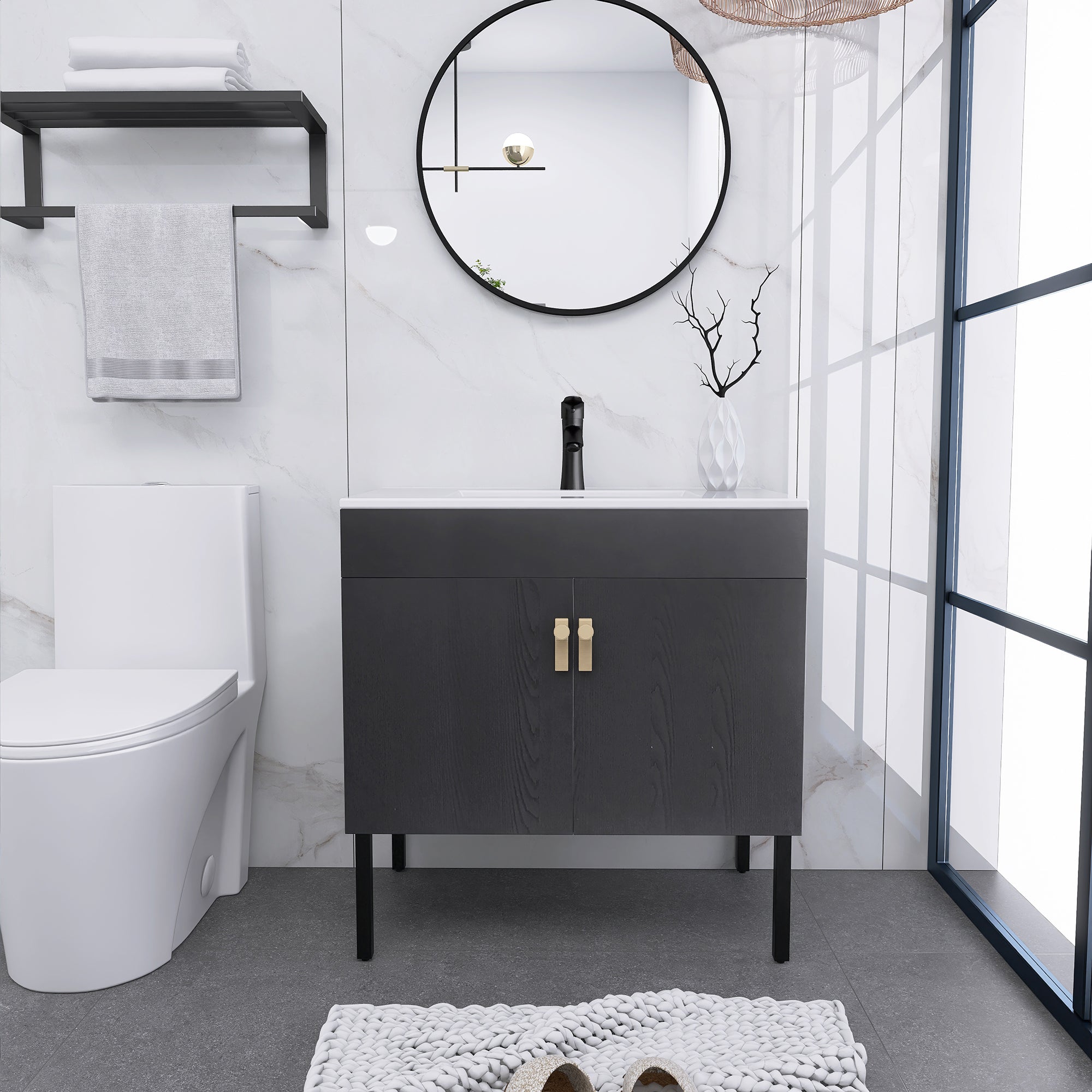 24/30 Inches Plywood Freestanding Bathroom Vanity Set with Integrated Ceramic Sink