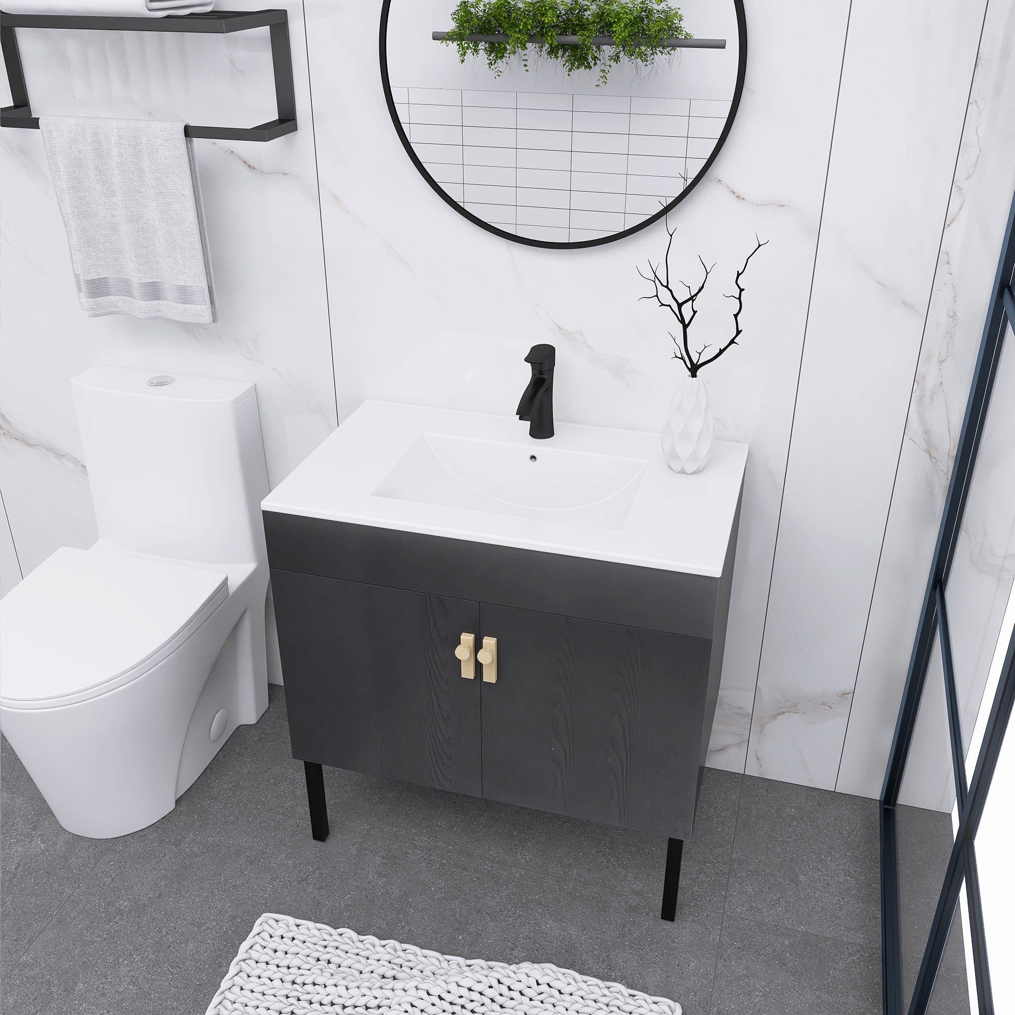24/30 Inches Plywood Freestanding Bathroom Vanity Set with Integrated Ceramic Sink