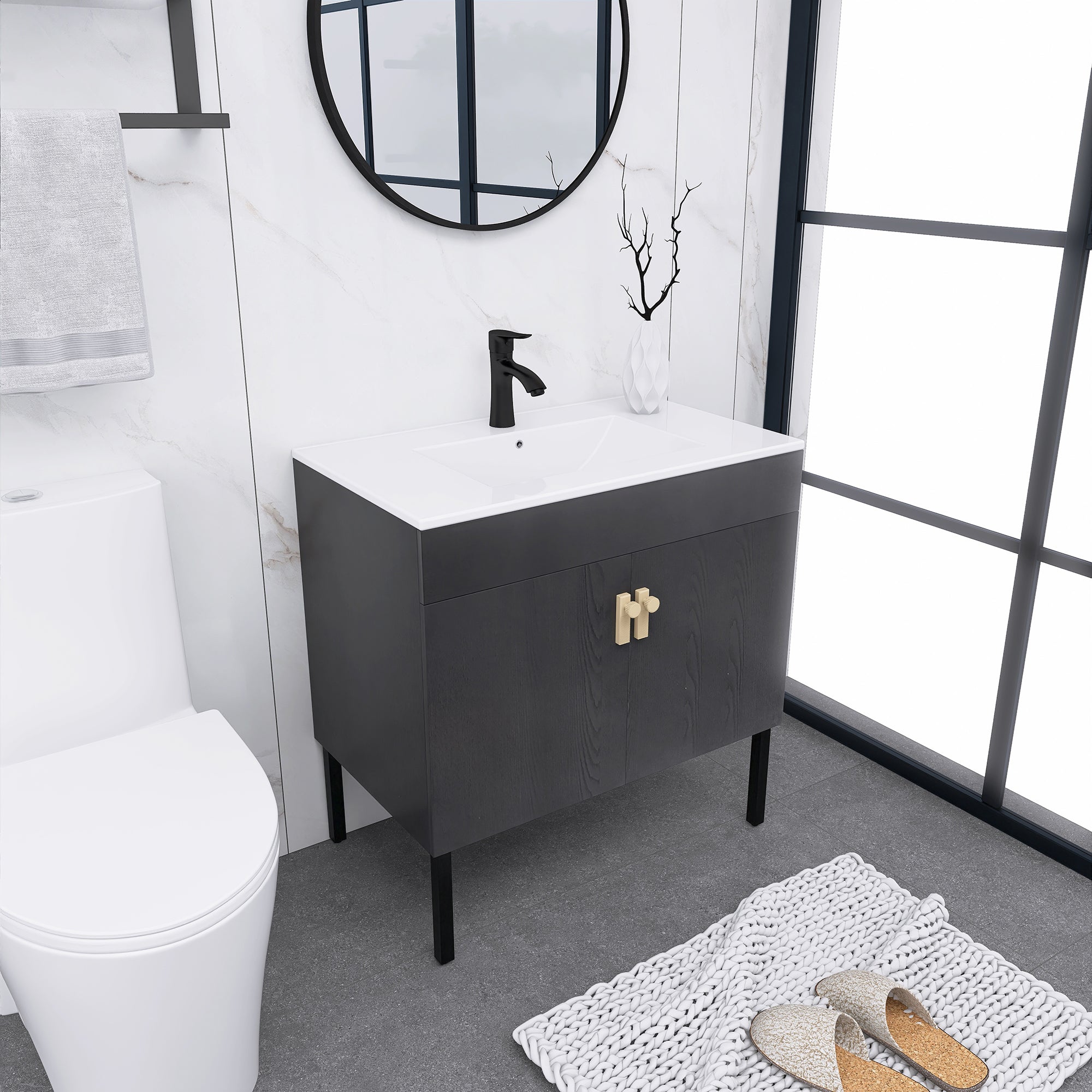 24/30 Inches Plywood Freestanding Bathroom Vanity Set with Integrated Ceramic Sink