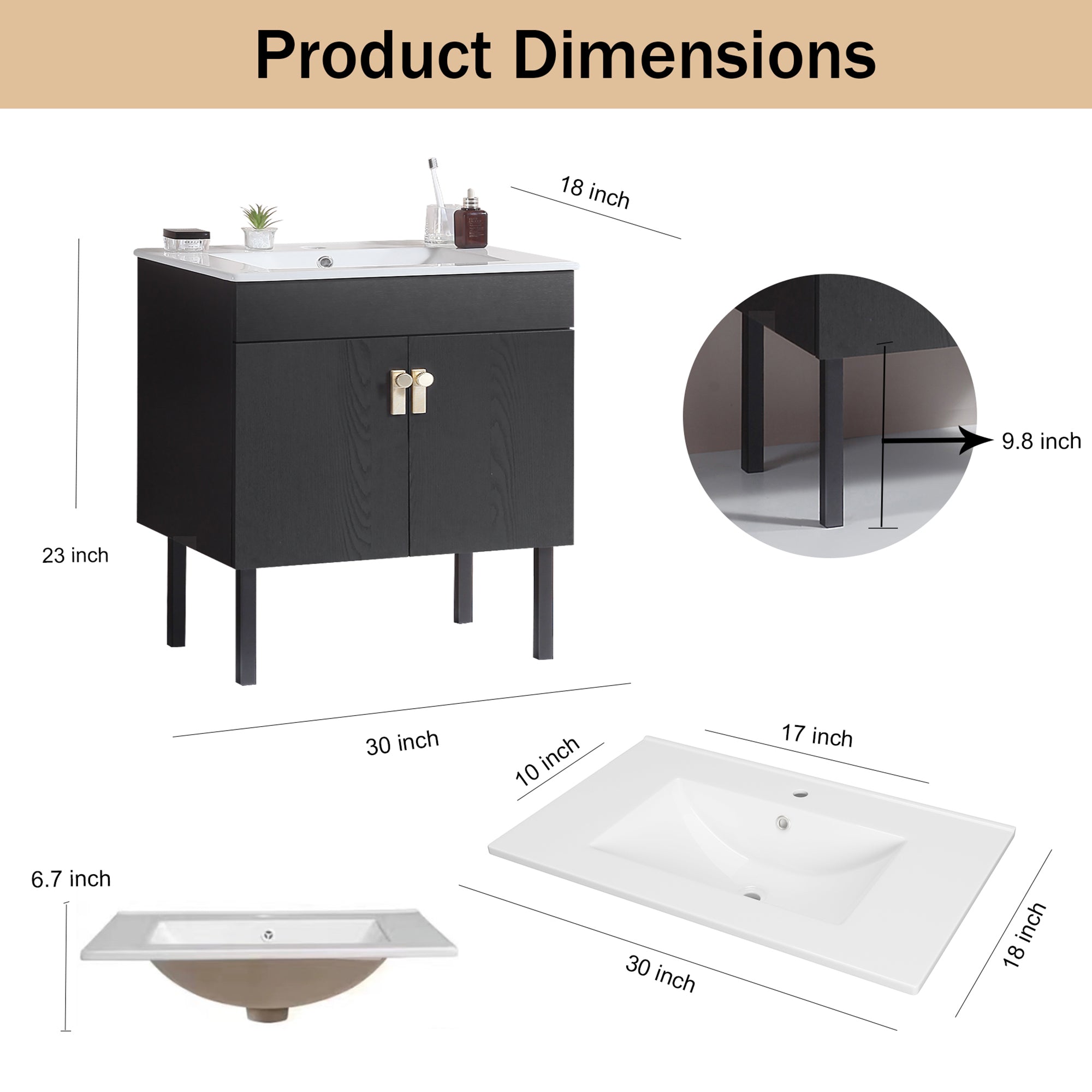24/30 Inches Plywood Freestanding Bathroom Vanity Set with Integrated Ceramic Sink