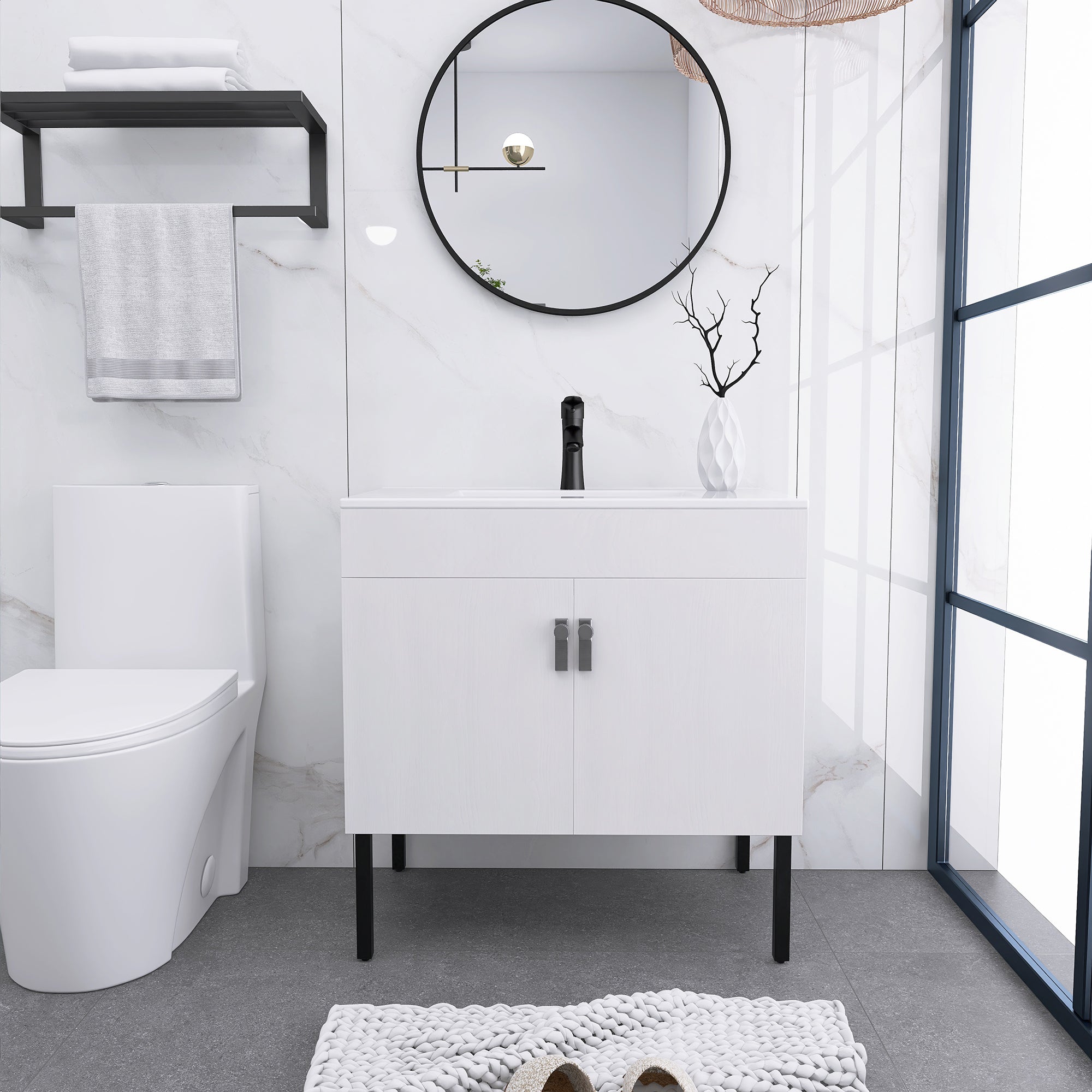 24/30 Inches Plywood Freestanding Bathroom Vanity Set with Integrated Ceramic Sink