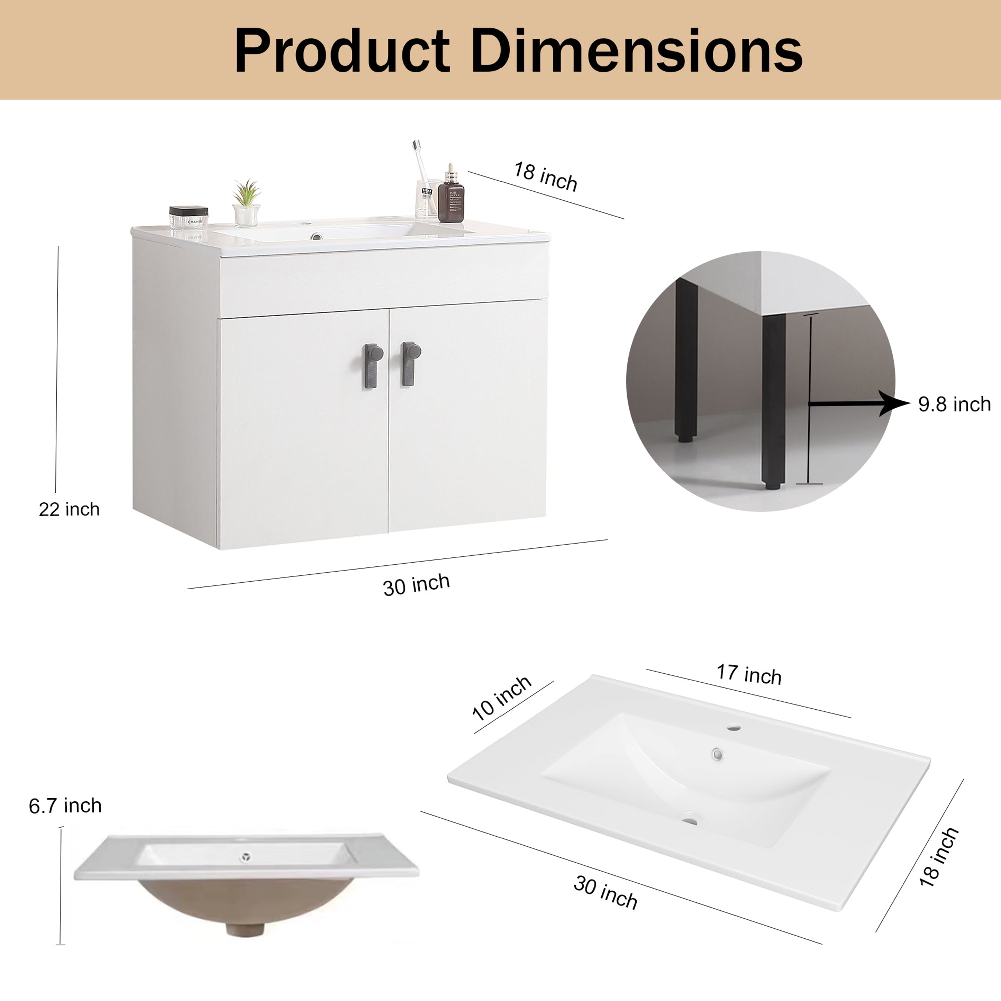 24/30 Inches Plywood Freestanding Bathroom Vanity Set with Integrated Ceramic Sink