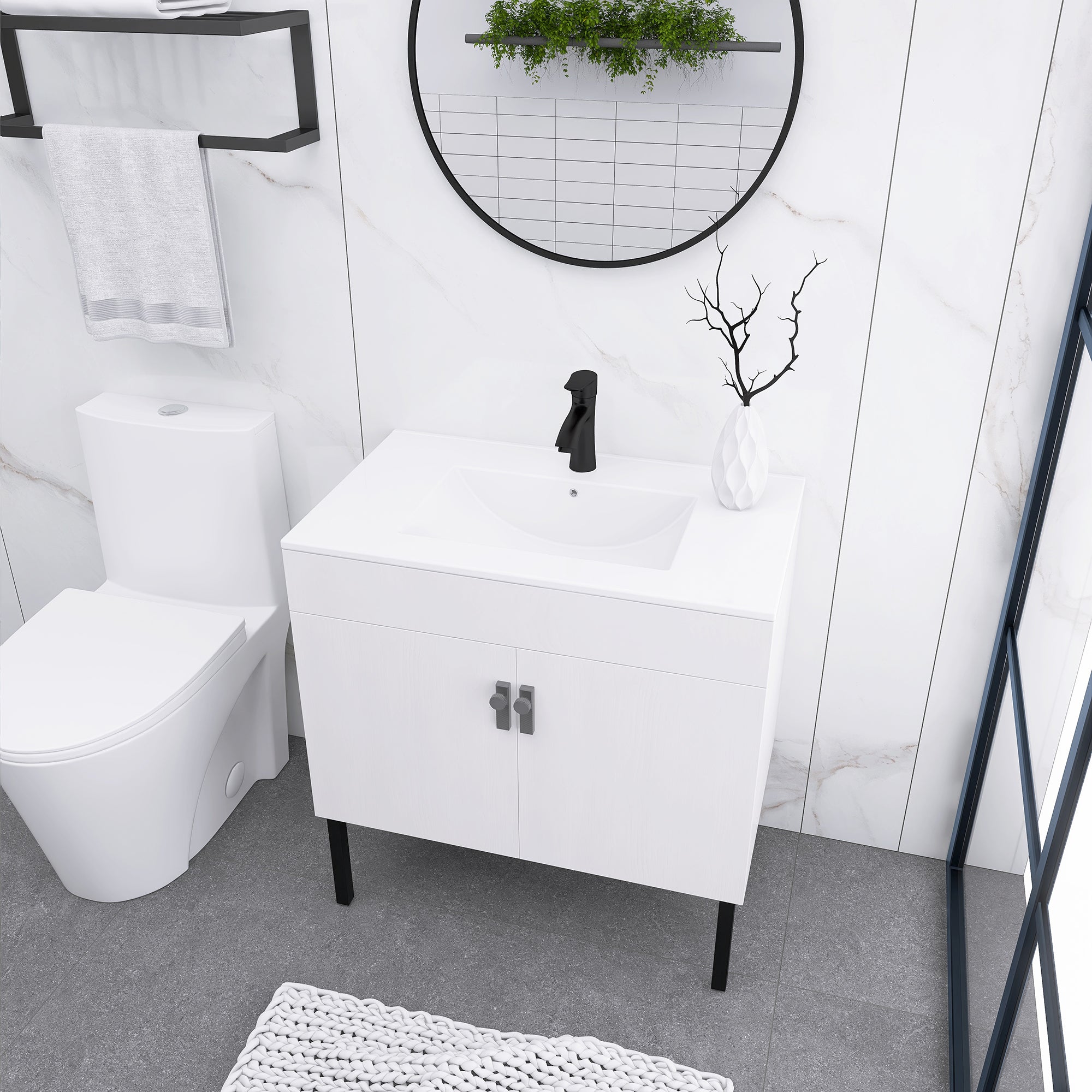 24/30 Inches Plywood Freestanding Bathroom Vanity Set with Integrated Ceramic Sink