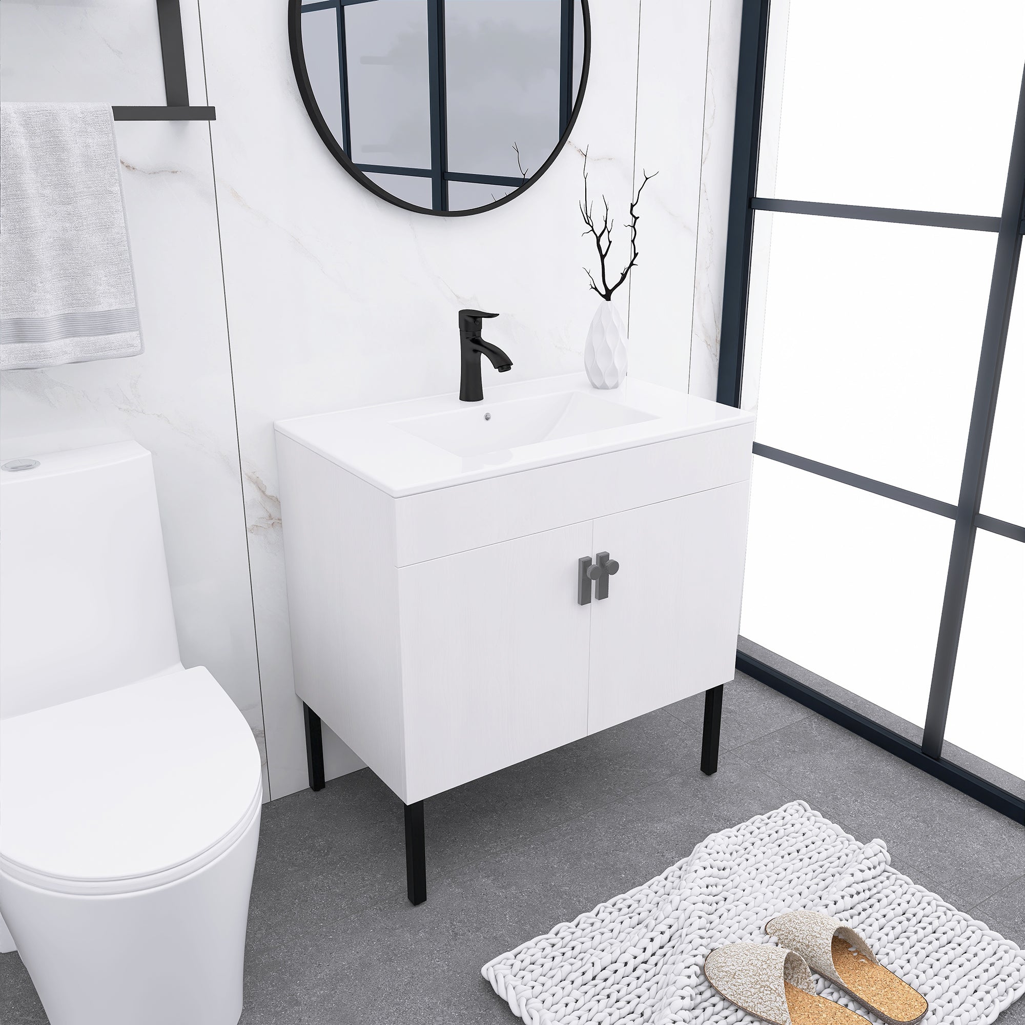 24/30 Inches Plywood Freestanding Bathroom Vanity Set with Integrated Ceramic Sink