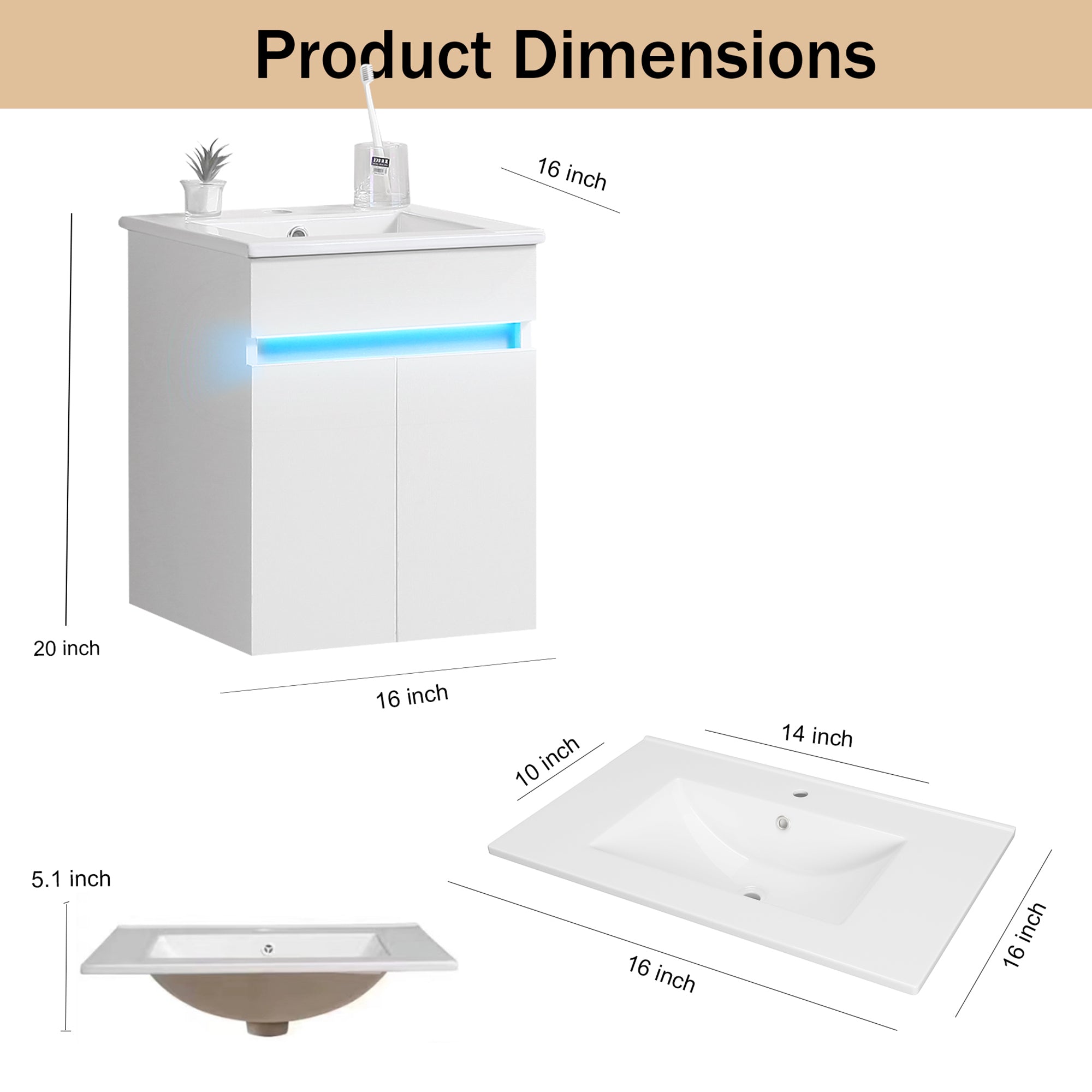 16 Inches Plywood Wall-Mounted Bathroom Vanity Set with Integrated Ceramic Sink