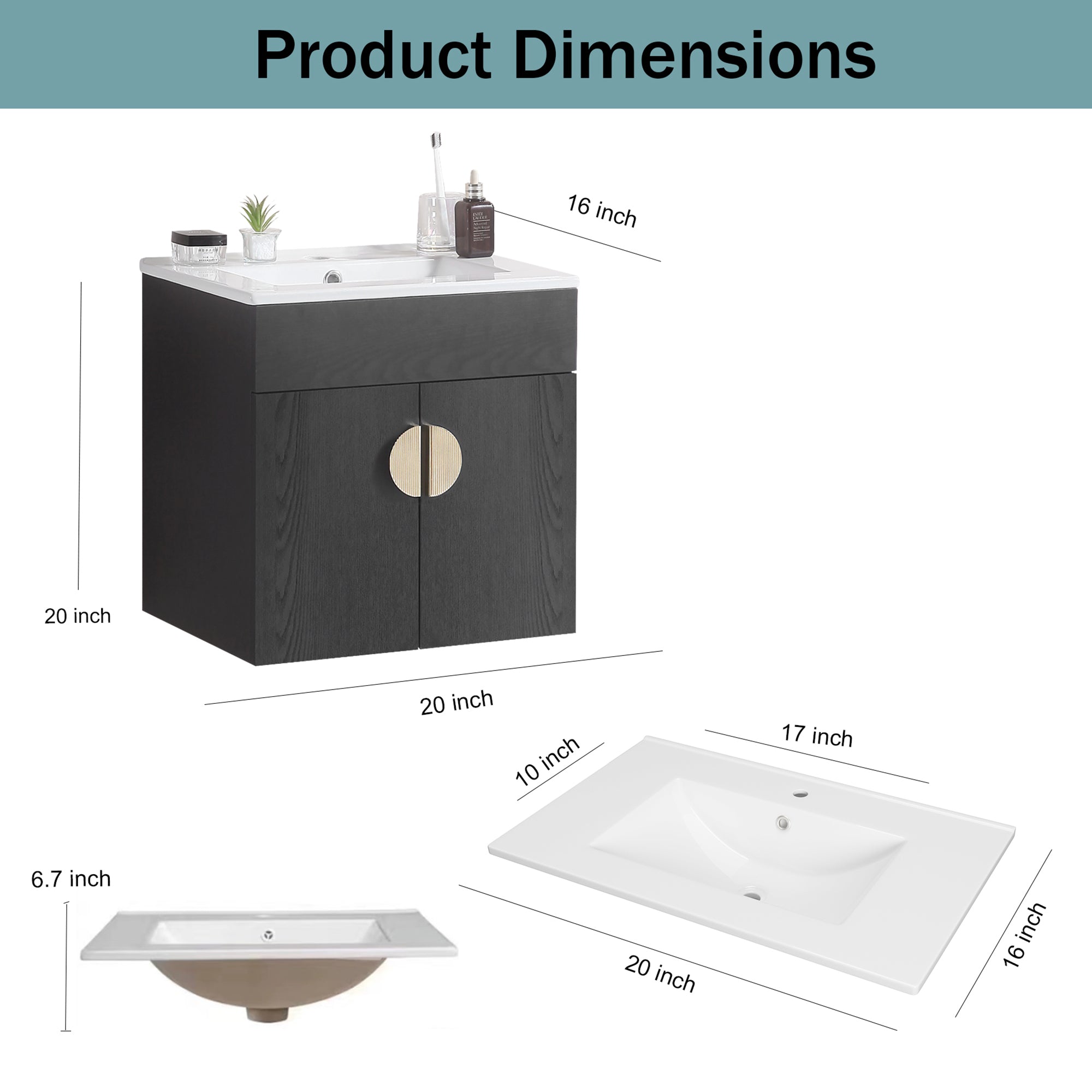 20 Inches Plywood Wall-Mounted Bathroom Vanity Set with Integrated Ceramic Sink