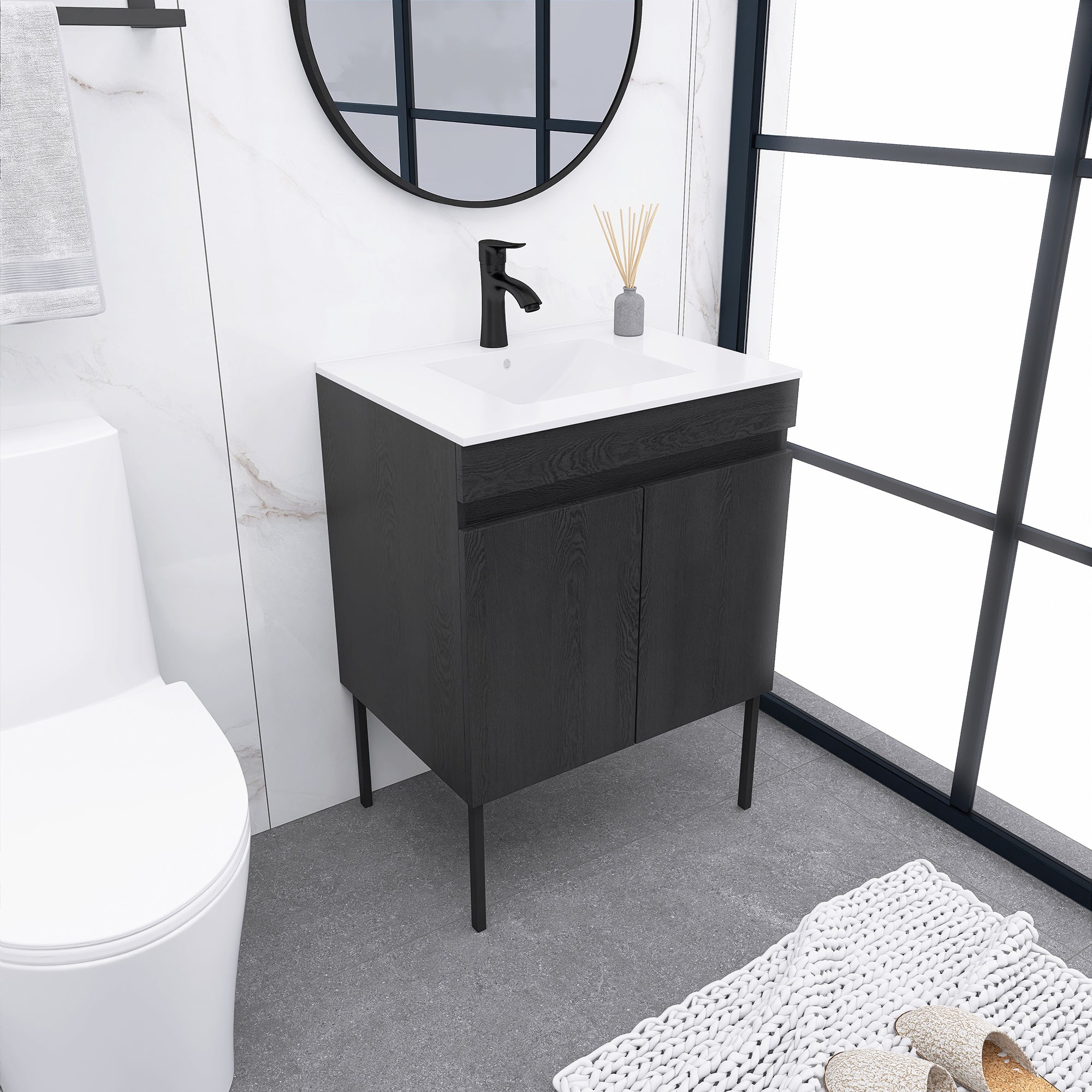 24/30 Inches Plywood Freestanding Bathroom Vanity Set with Integrated Ceramic Sink