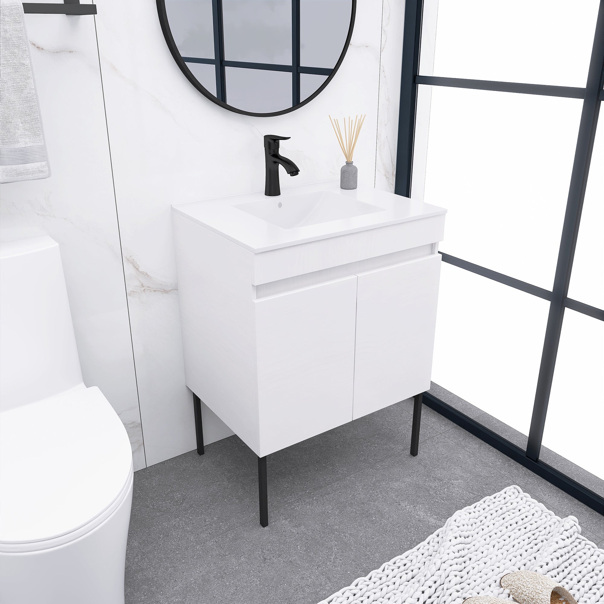 24/30 Inches Plywood Freestanding Bathroom Vanity Set with Integrated Ceramic Sink