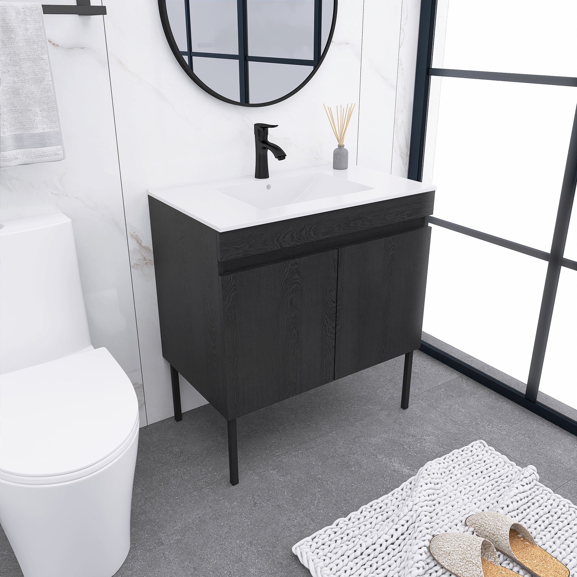 24/30 Inches Plywood Freestanding Bathroom Vanity Set with Integrated Ceramic Sink
