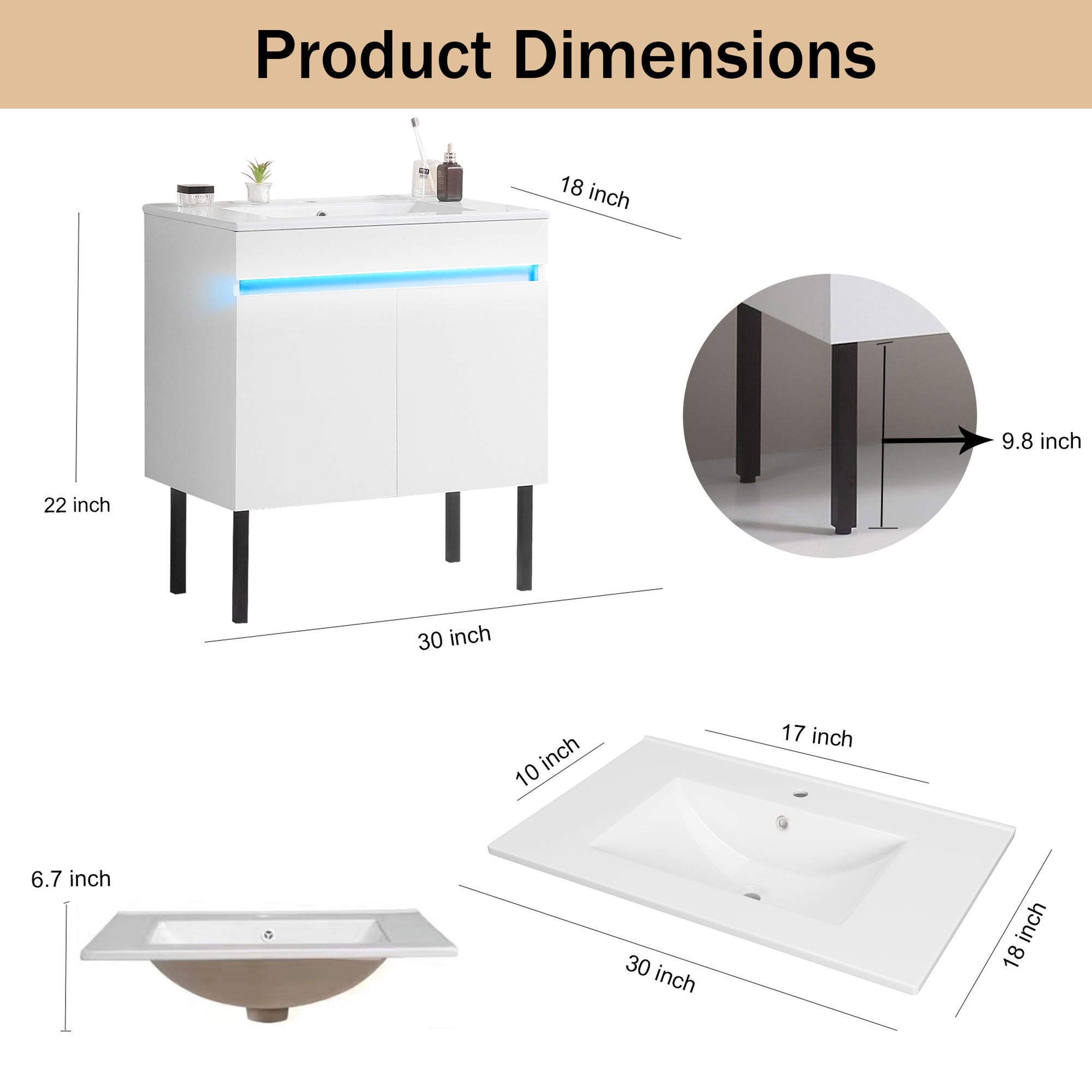 24/30 Inches Plywood Freestanding Bathroom Vanity Set with Integrated Ceramic Sink