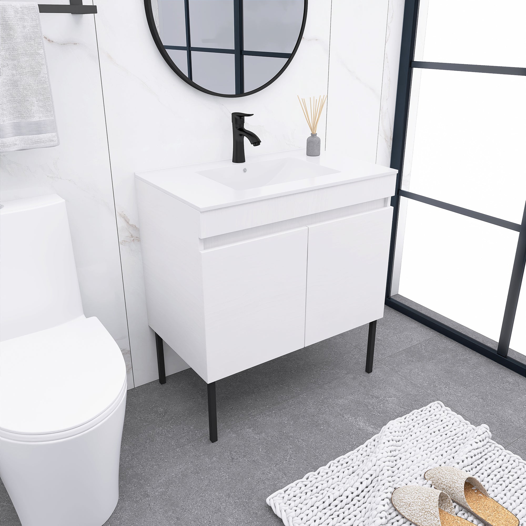24/30 Inches Plywood Freestanding Bathroom Vanity Set with Integrated Ceramic Sink