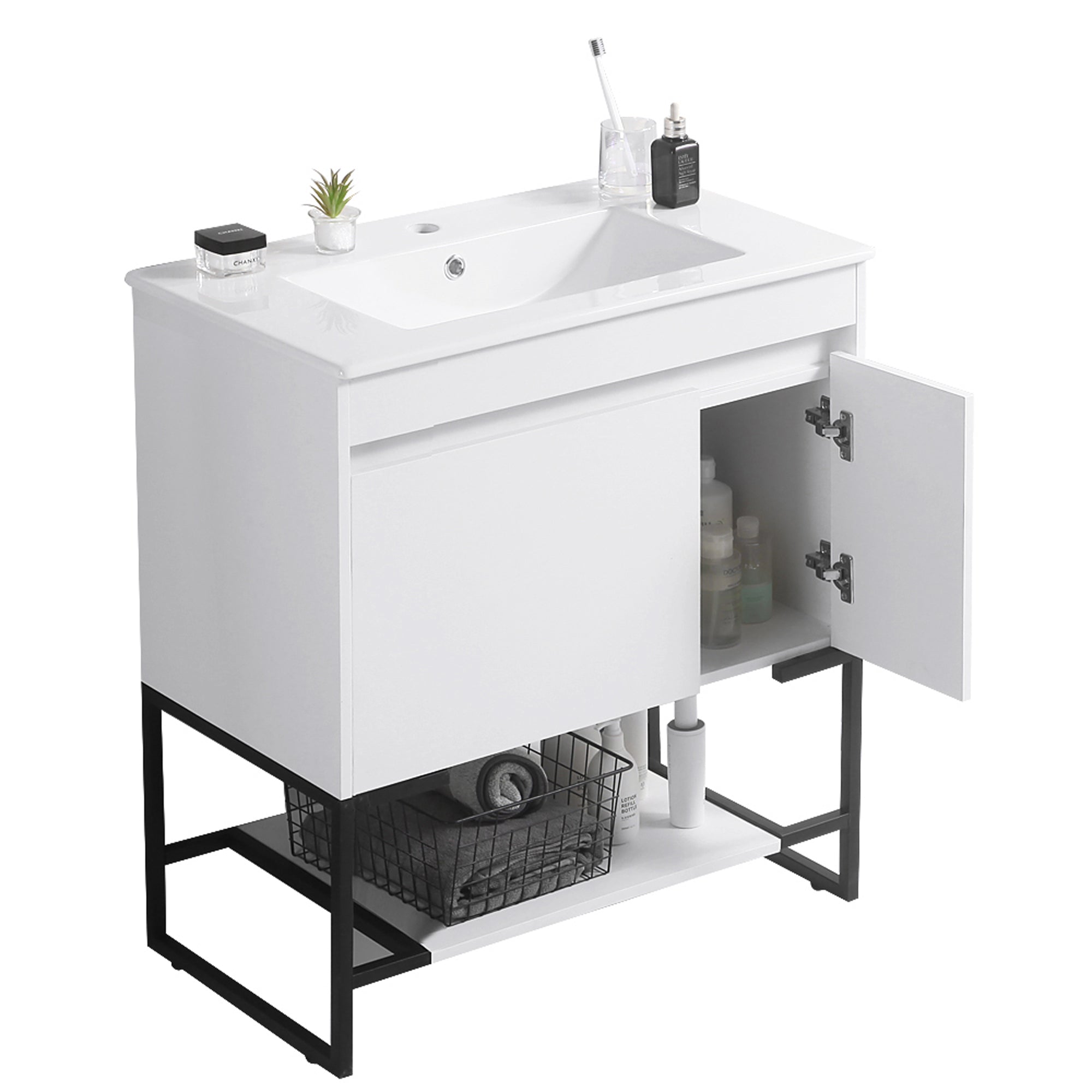 30/48 Inches Plywood Freestanding Bathroom Vanity Set with Integrated Ceramic Sink