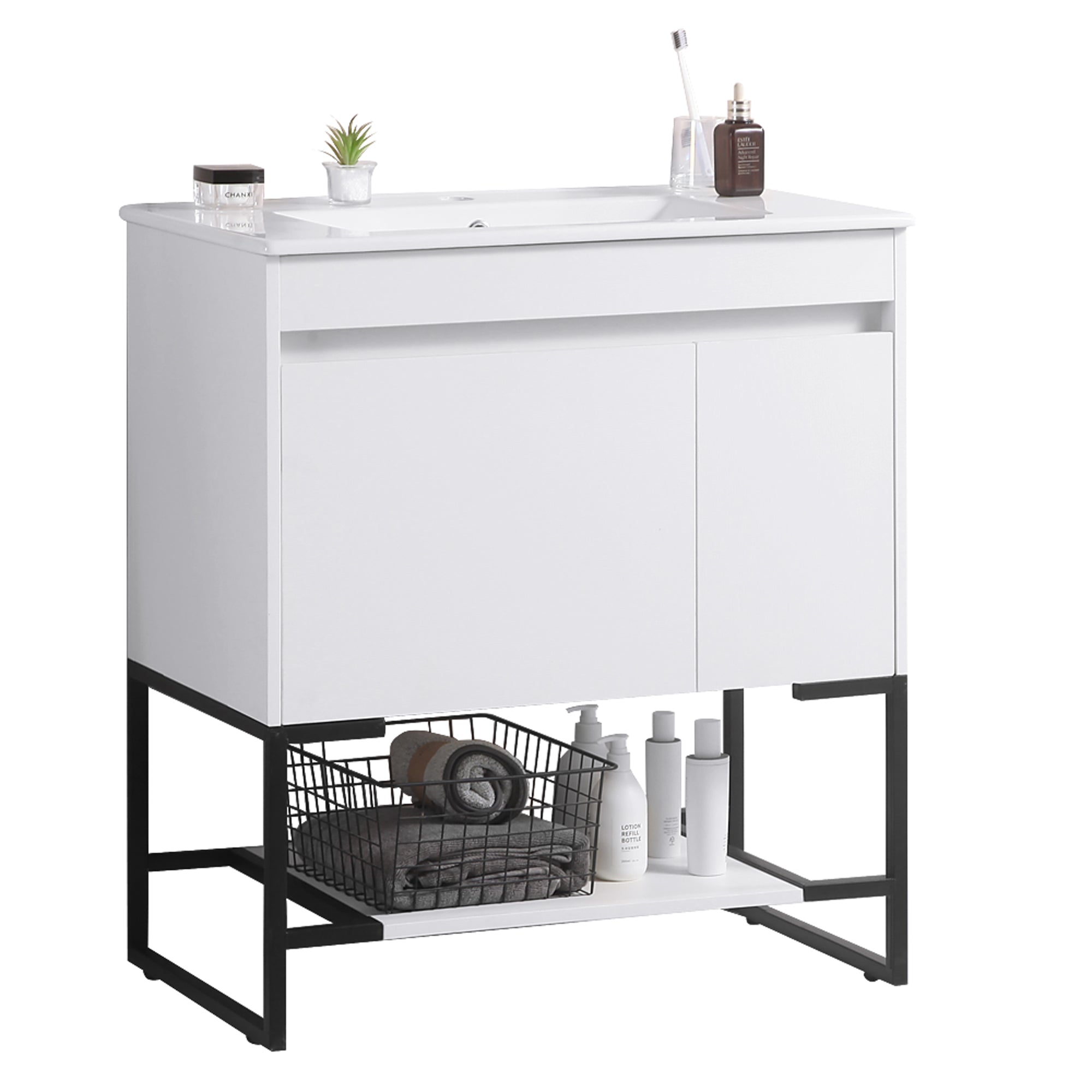 30/48 Inches Plywood Freestanding Bathroom Vanity Set with Integrated Ceramic Sink