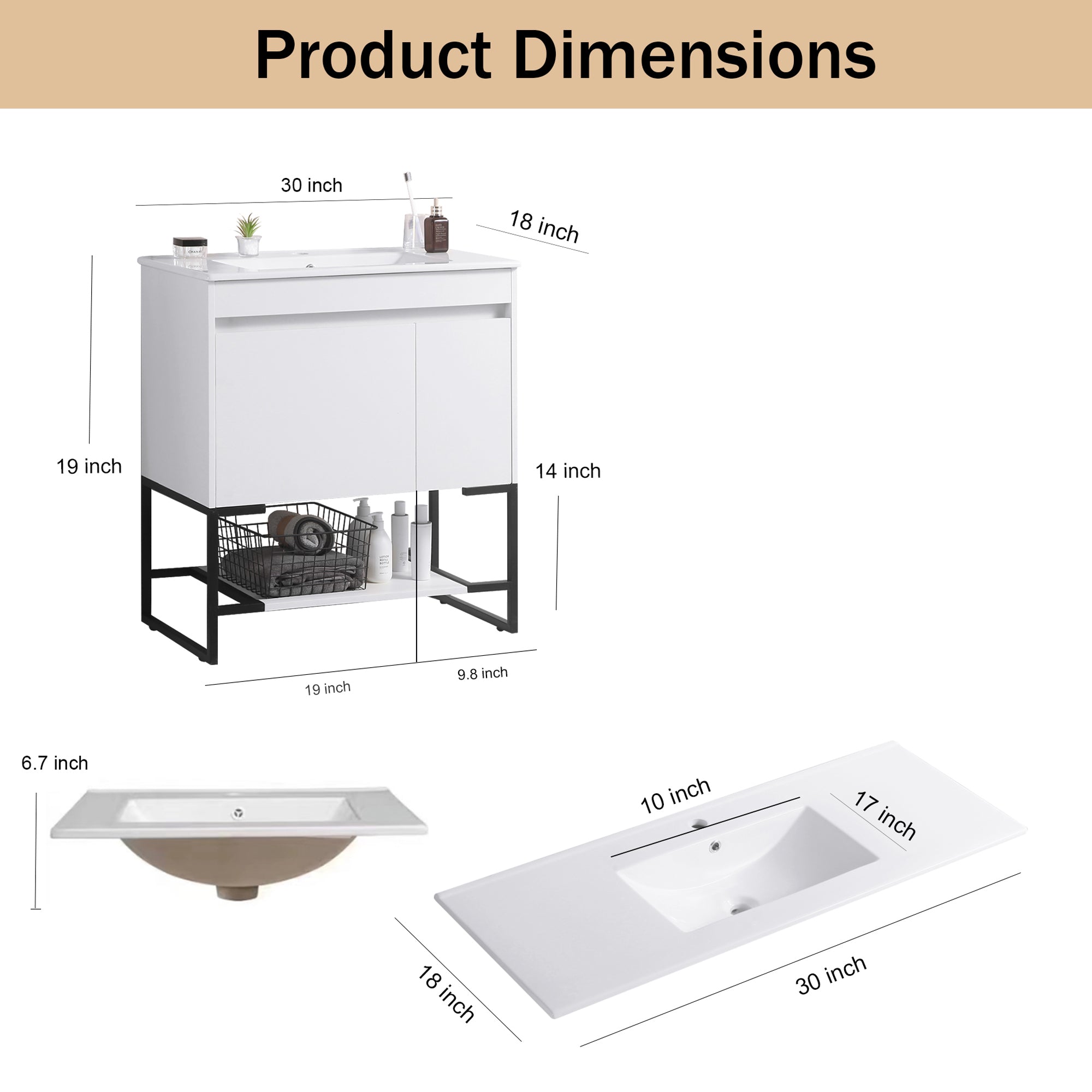 30/48 Inches Plywood Freestanding Bathroom Vanity Set with Integrated Ceramic Sink