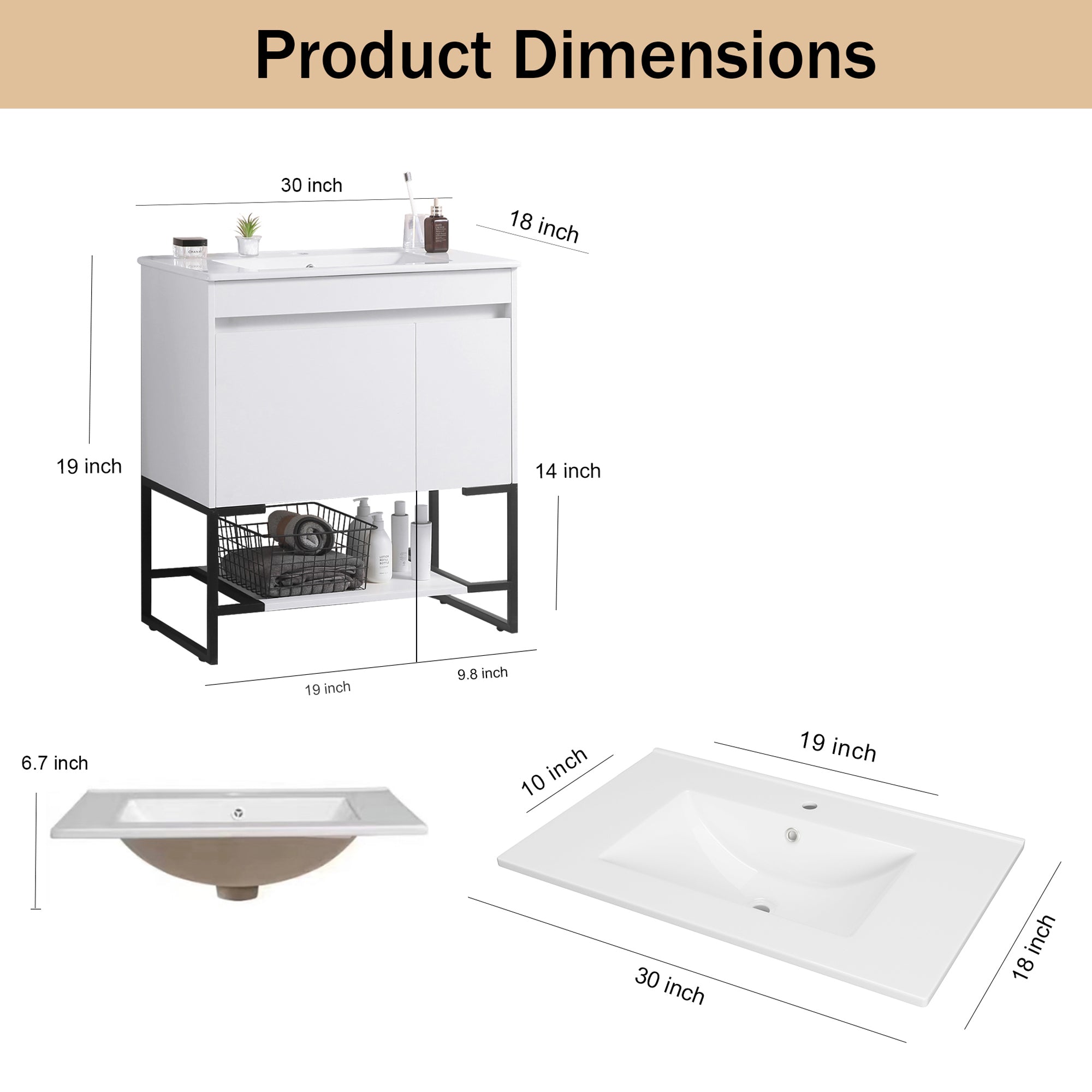 30/48 Inches Plywood Freestanding Bathroom Vanity Set with Integrated Ceramic Sink