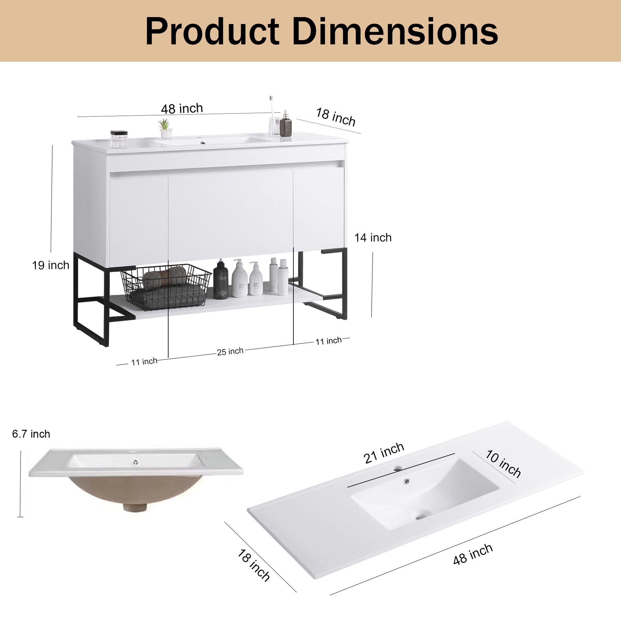 30/48 Inches Plywood Freestanding Bathroom Vanity Set with Integrated Ceramic Sink