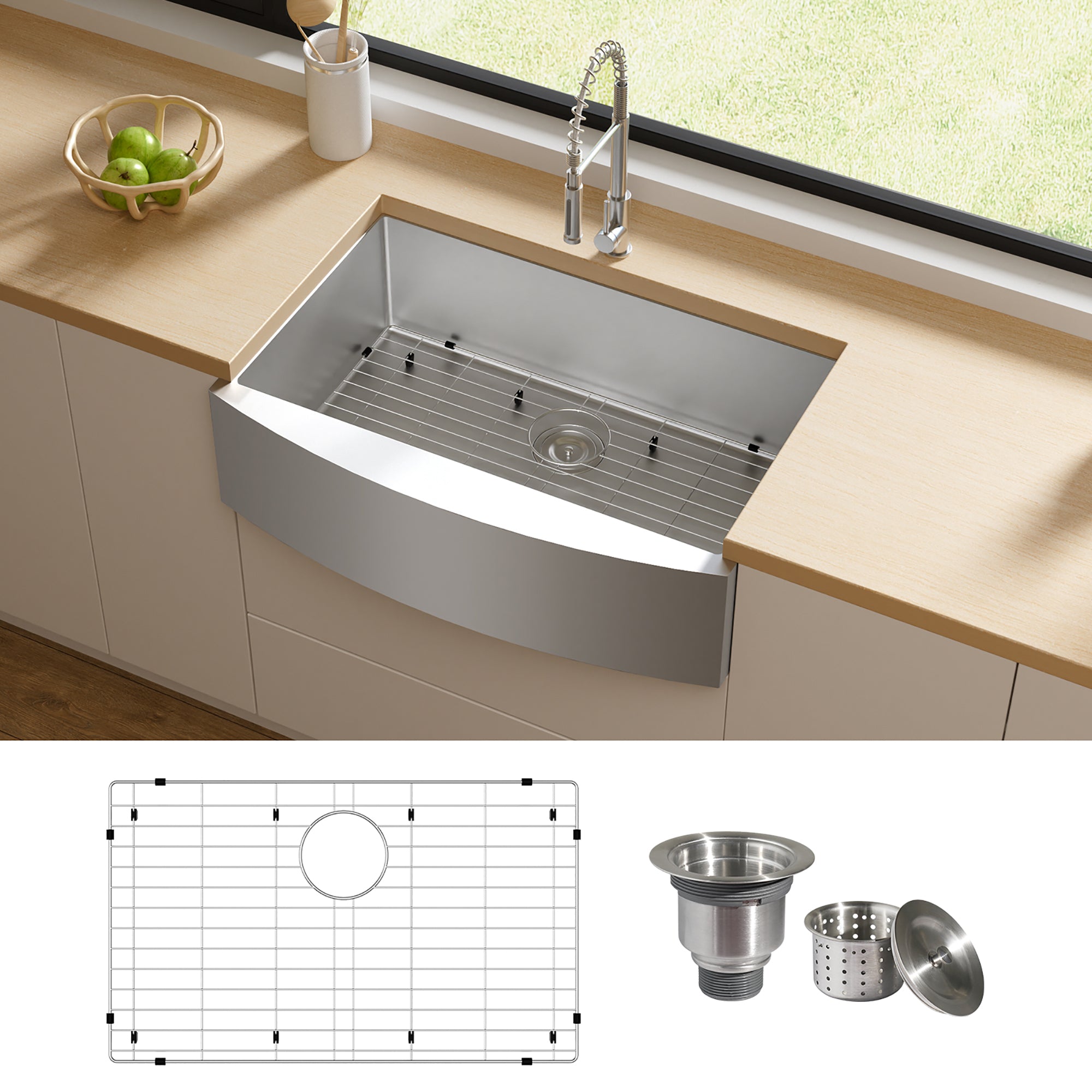 Stainless Steel Single Bowl Farmhouse Kitchen Sink with Sink Grid
