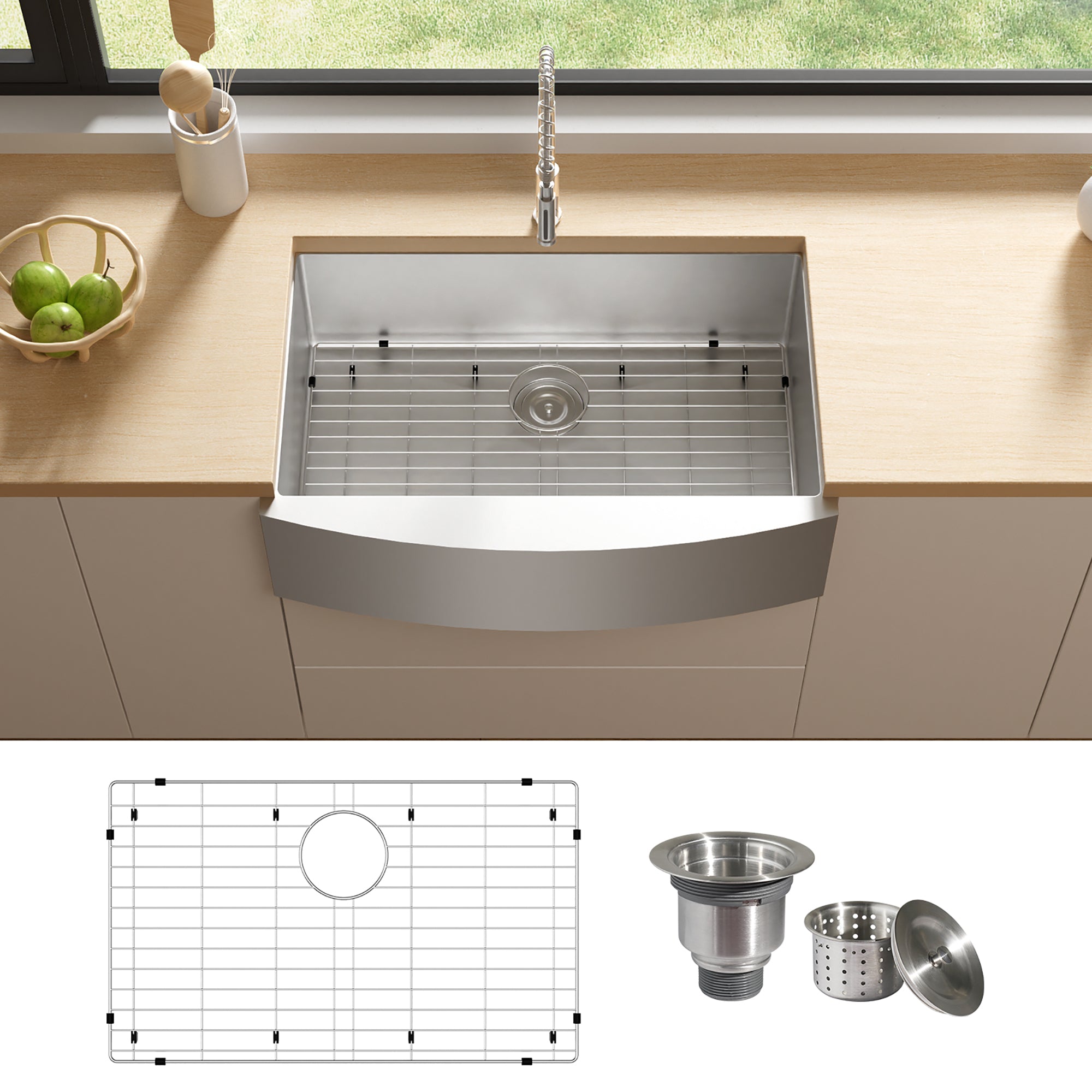 Stainless Steel Single Bowl Farmhouse Kitchen Sink with Sink Grid
