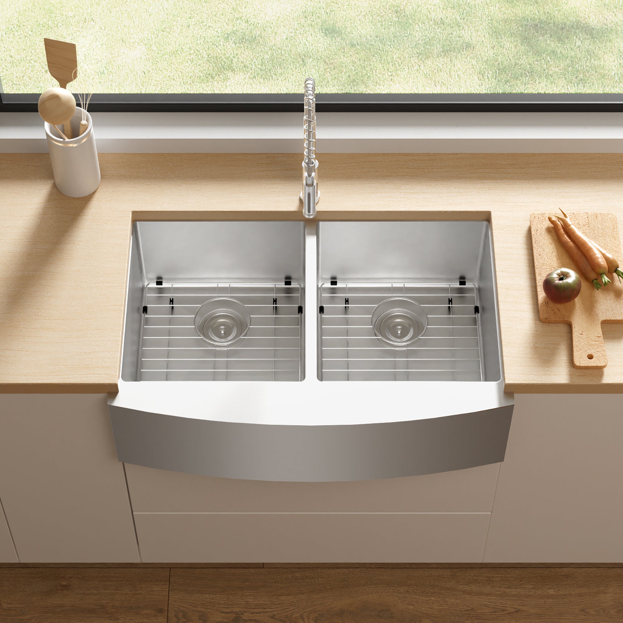Stainless Steel 33 in. Double Bowl Farmhouse Kitchen Sink with Sink Grid