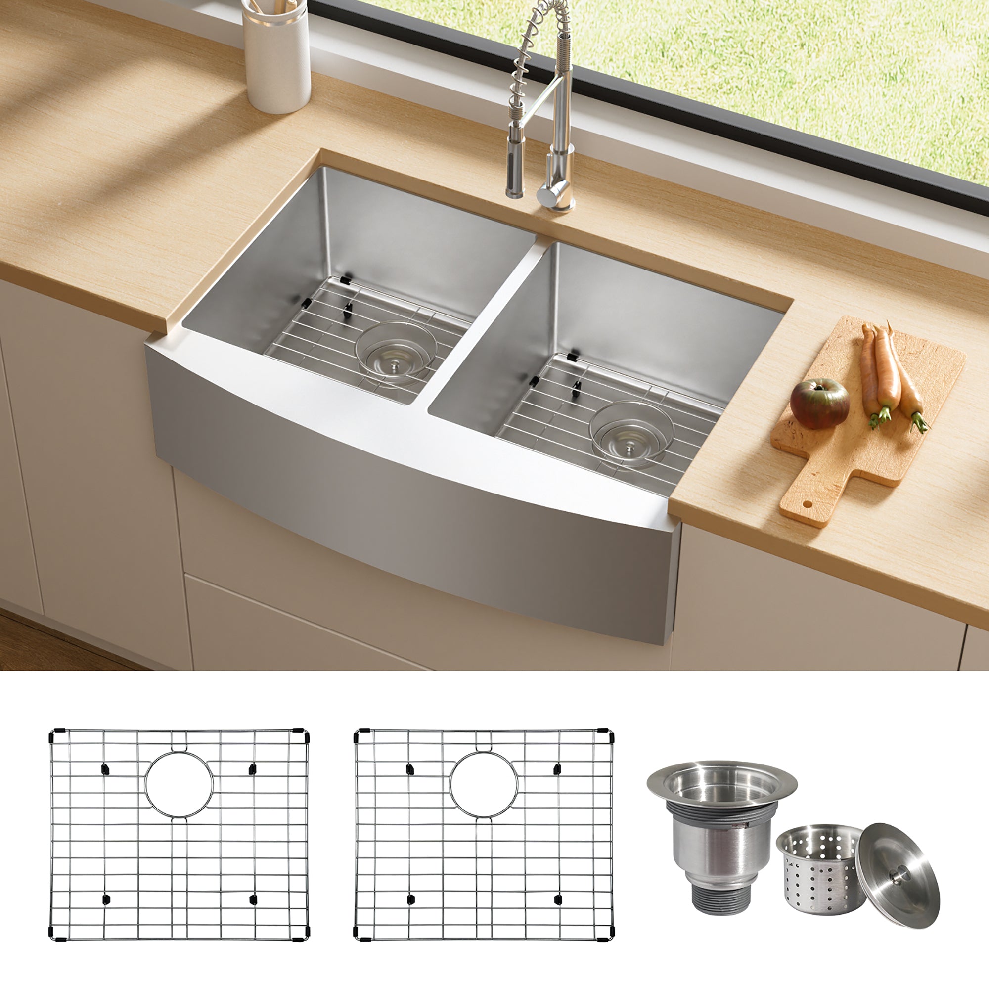 Stainless Steel 33 in. Double Bowl Farmhouse Kitchen Sink with Sink Grid