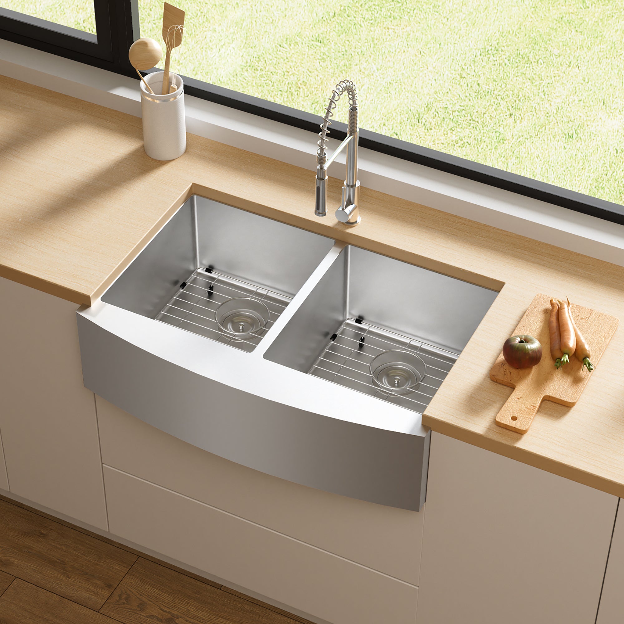 Stainless Steel 33 in. Double Bowl Farmhouse Kitchen Sink with Sink Grid