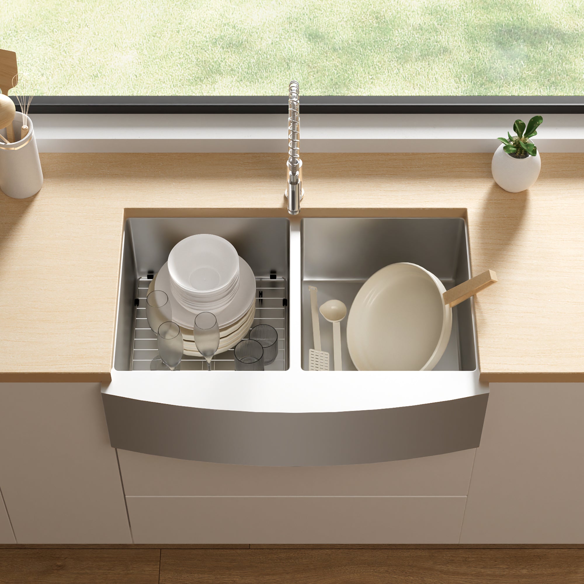 Stainless Steel 33 in. Double Bowl Farmhouse Kitchen Sink with Sink Grid