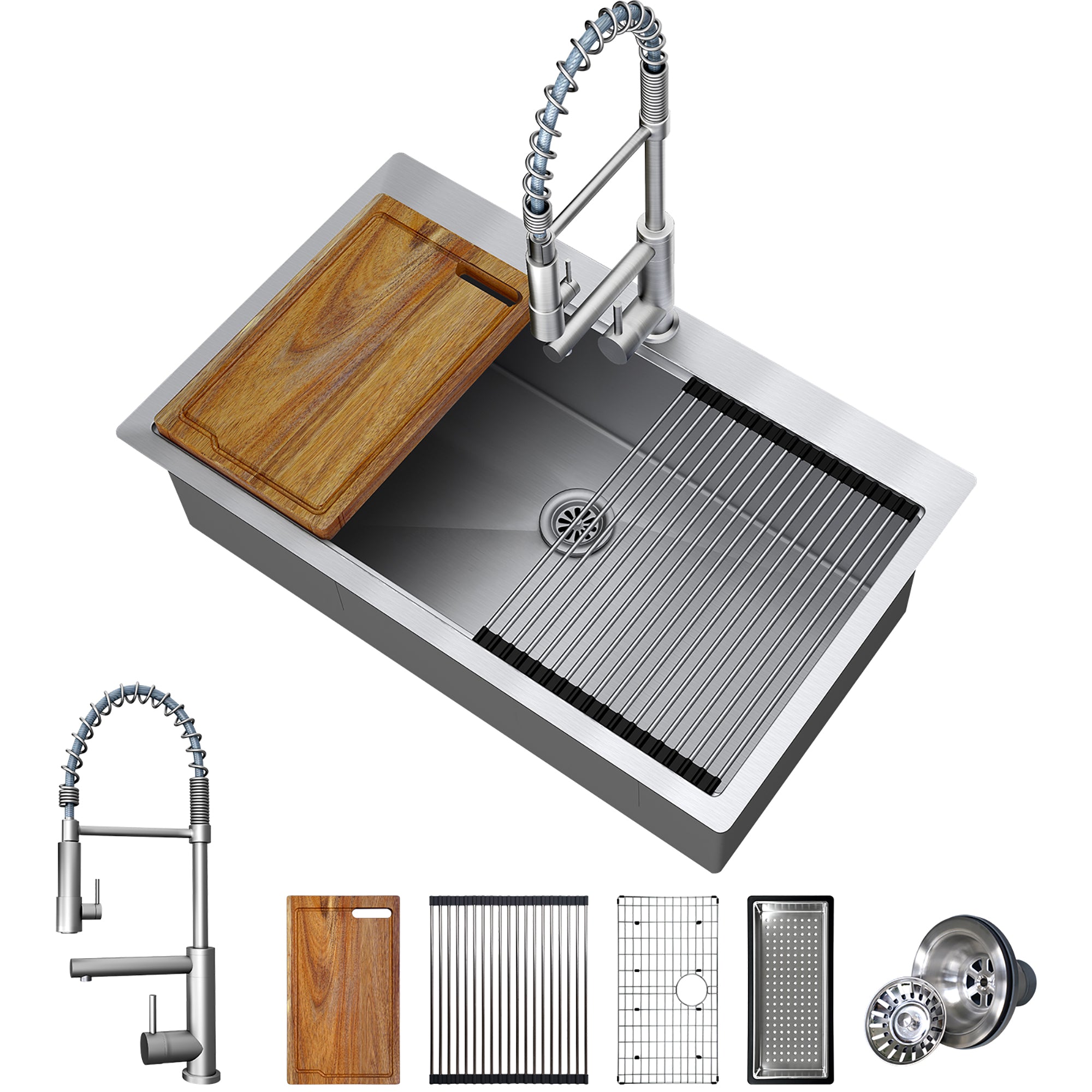 Stainless Steel 33 Inches Single Bowl Drop-in Kitchen Sink with Workstation