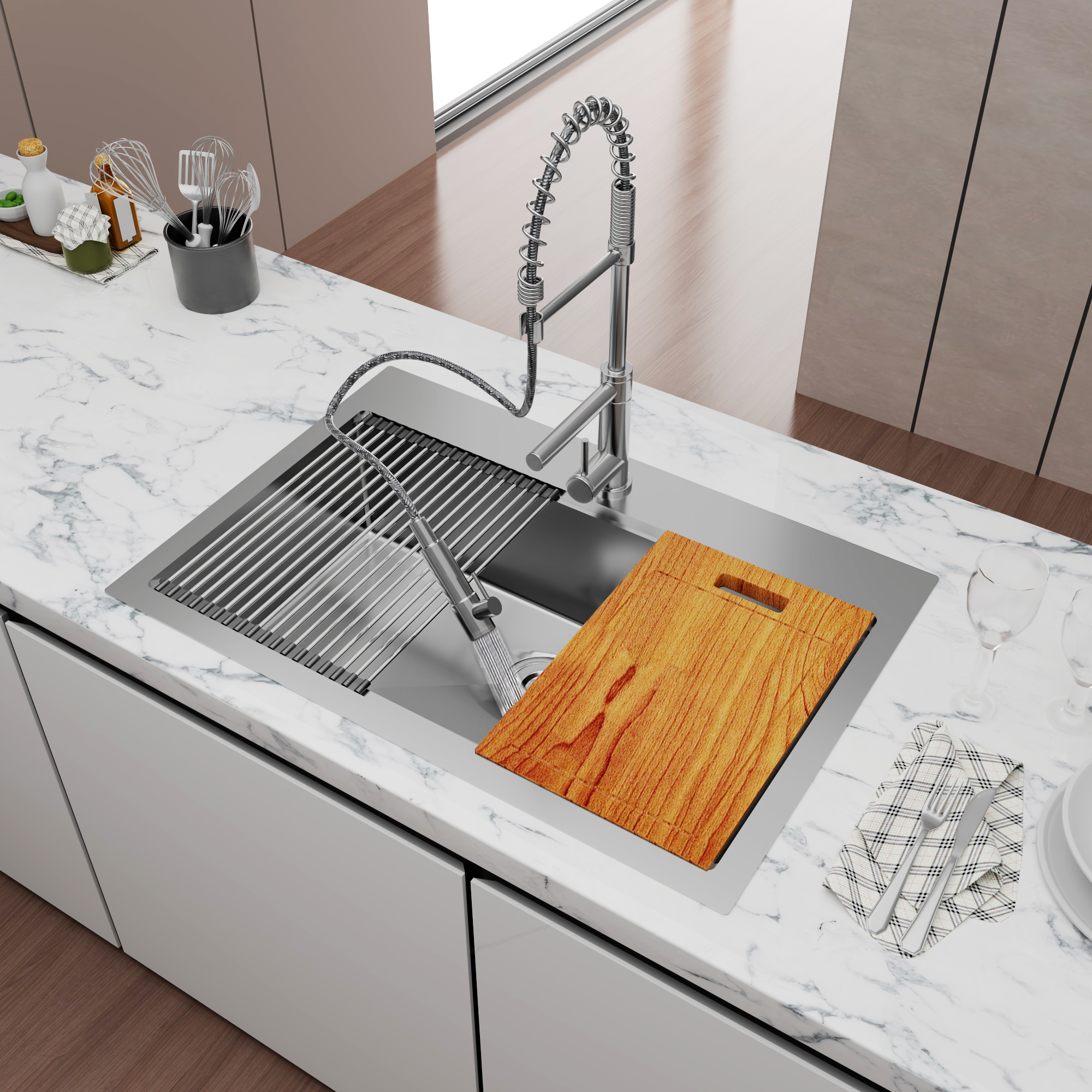 Stainless Steel 33 Inches Single Bowl Drop-in Kitchen Sink with Workstation