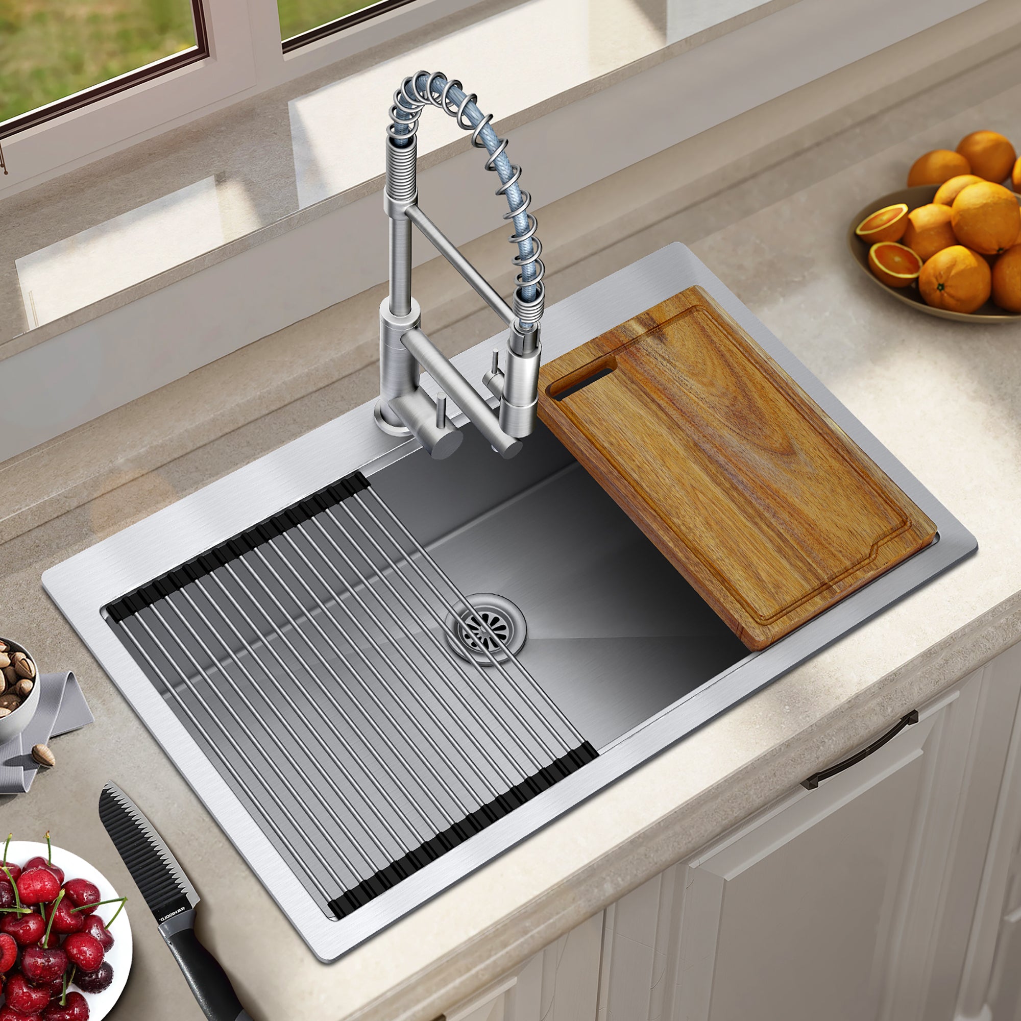 Stainless Steel 33 Inches Single Bowl Drop-in Kitchen Sink with Workstation