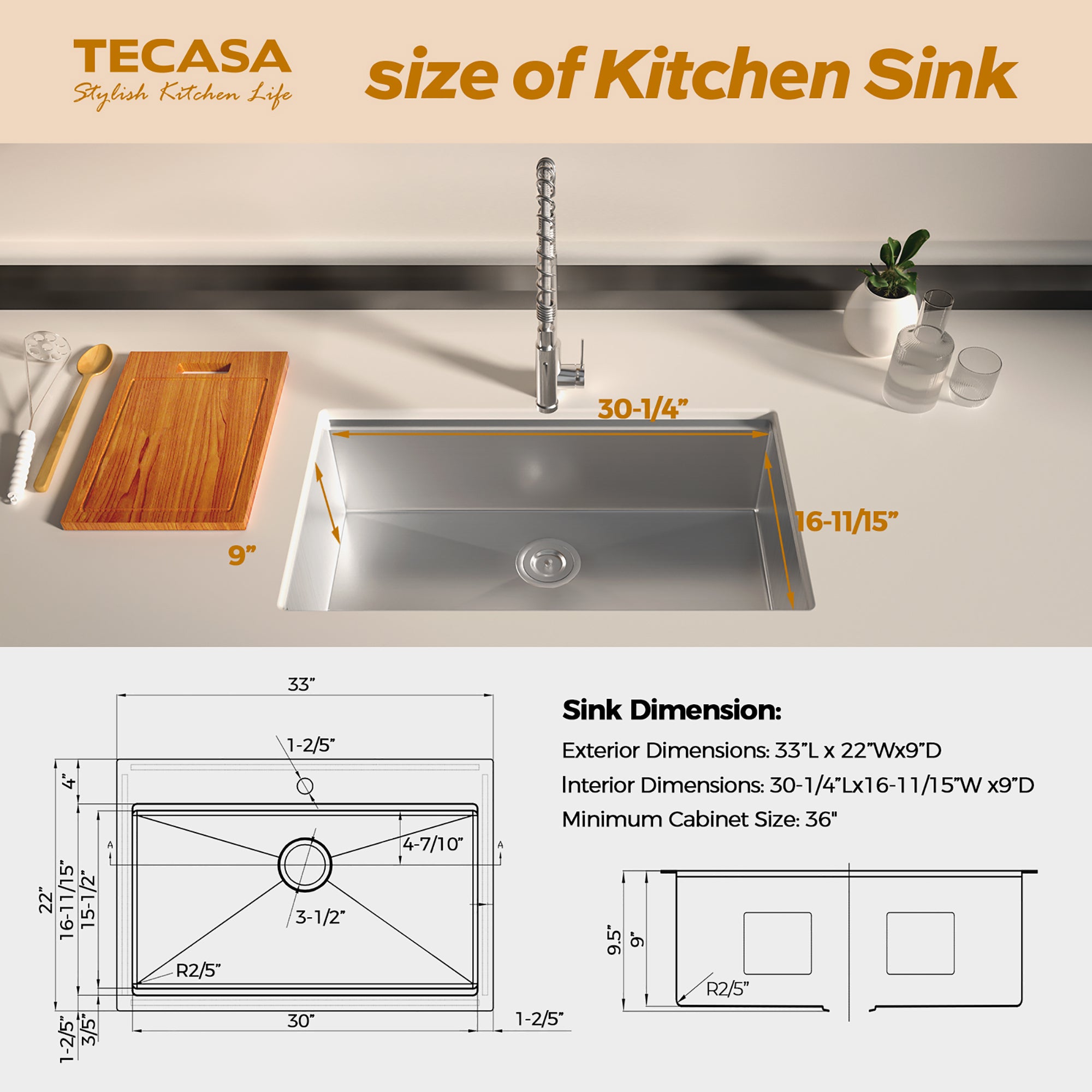 Stainless Steel 33 Inches Single Bowl Drop-in Kitchen Sink with Workstation