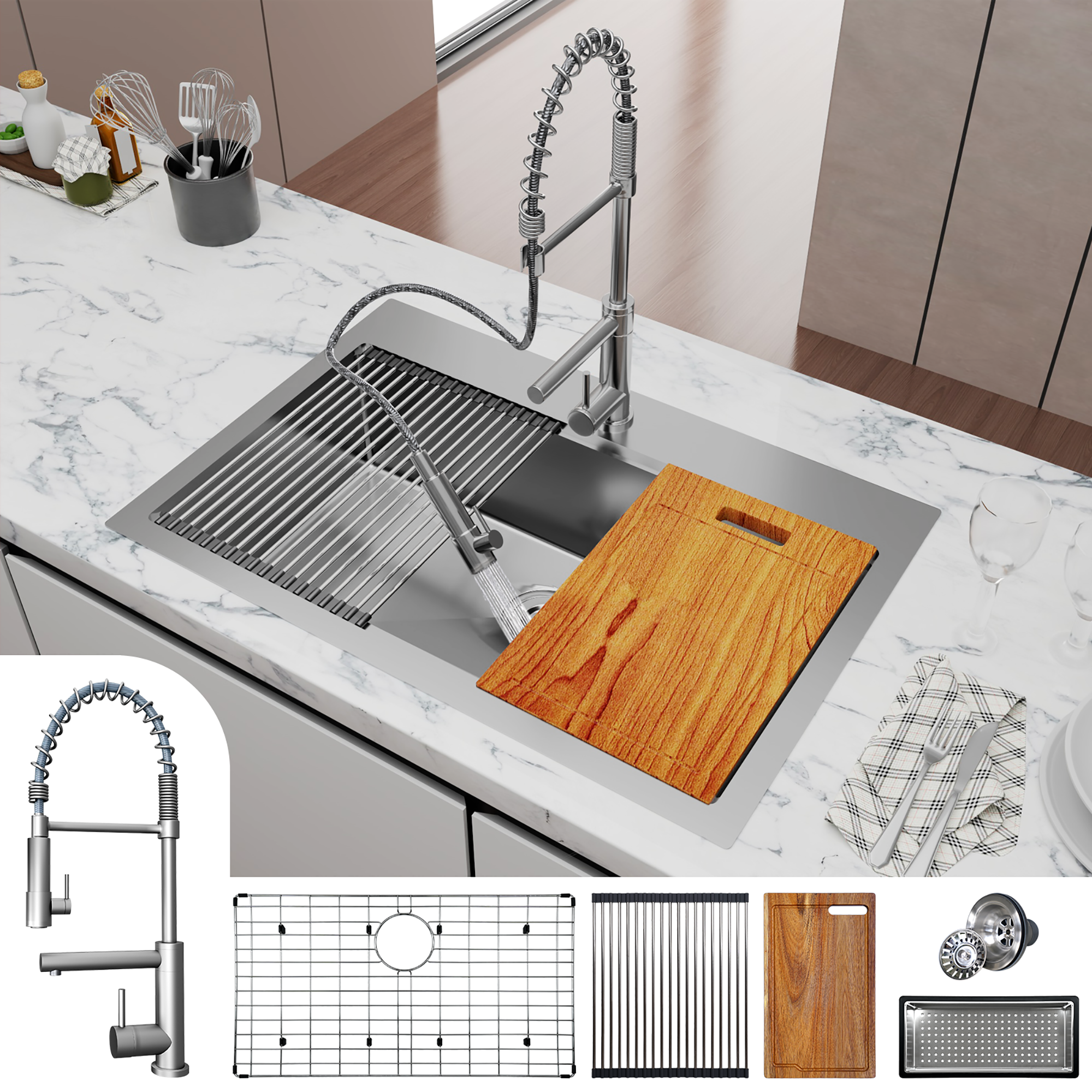 Stainless Steel 33 Inches Single Bowl Drop-in Kitchen Sink with Workstation