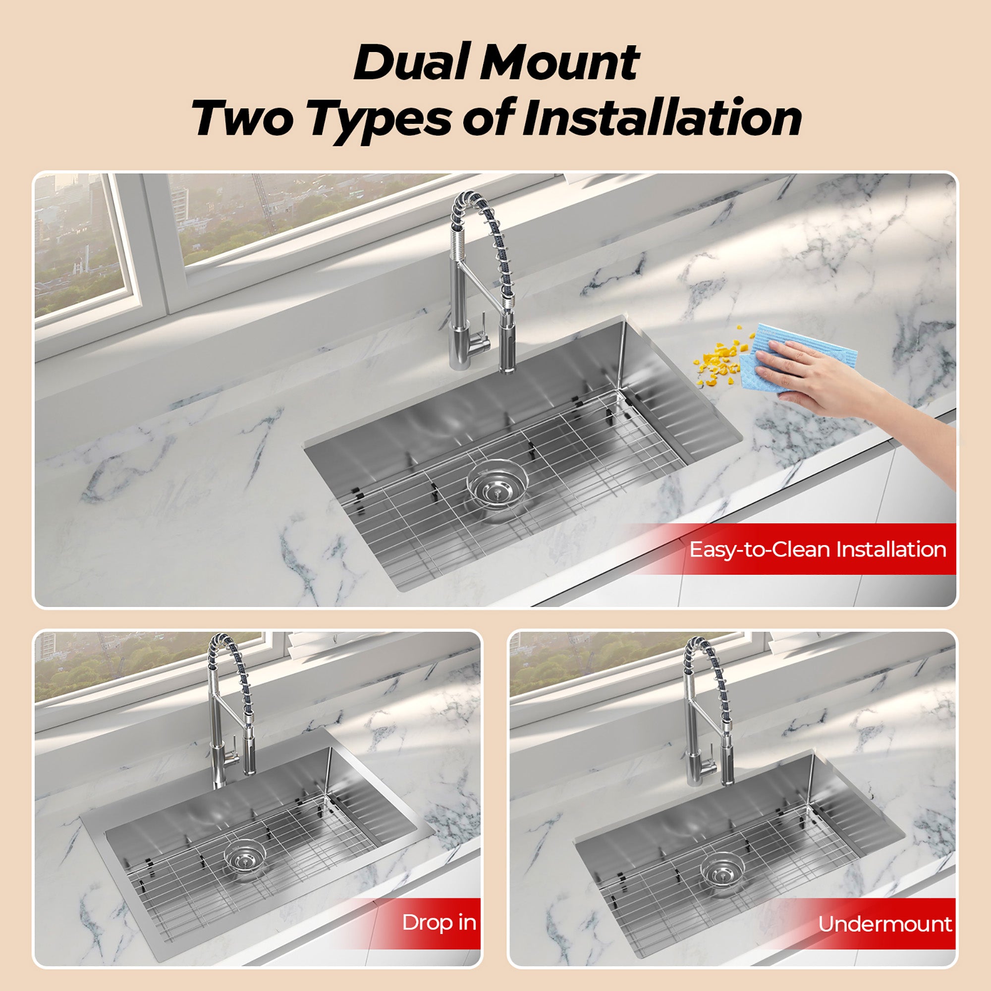 Stainless Steel 33 Inches Single Bowl Drop-in Kitchen Sink with Faucet