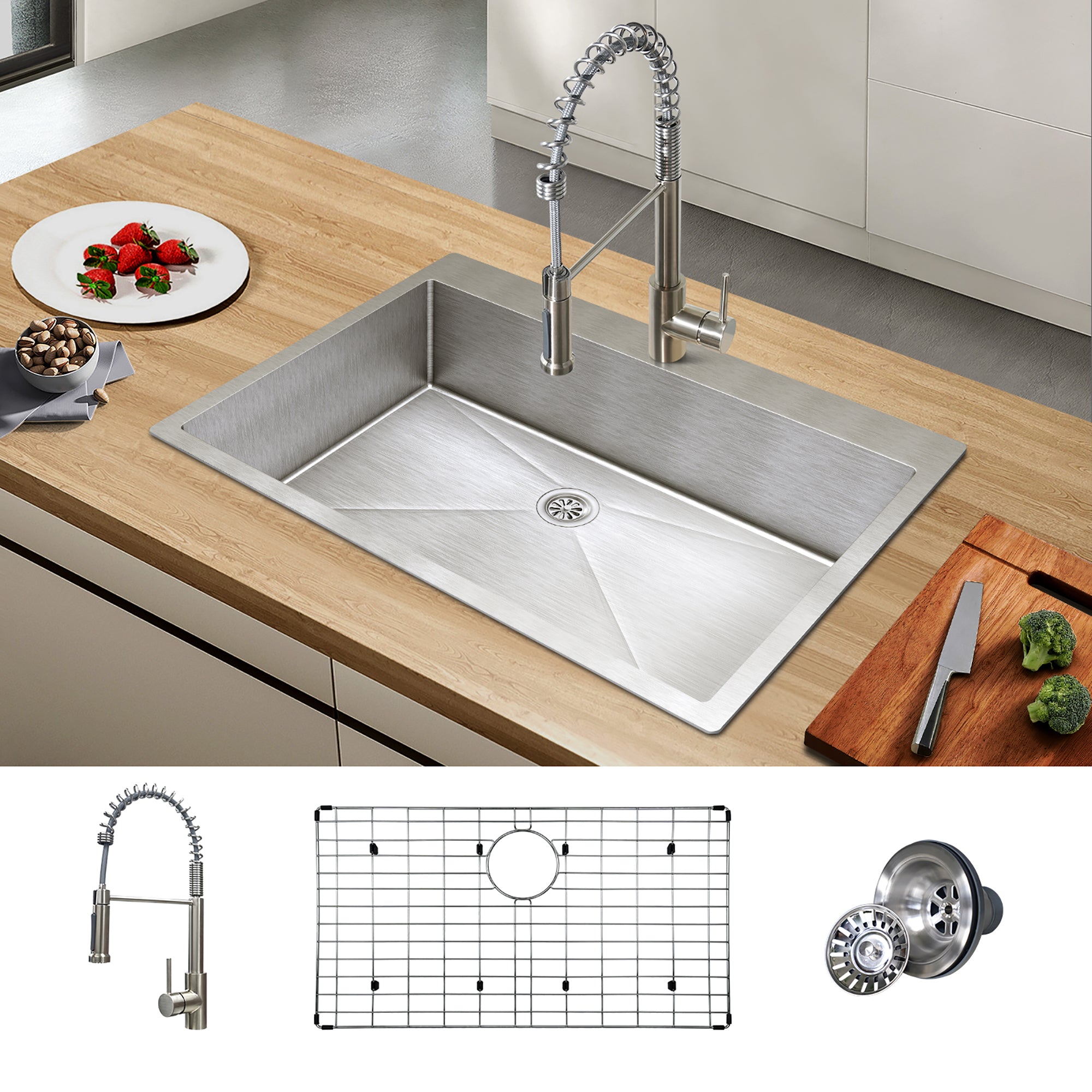 Stainless Steel 33 Inches Single Bowl Drop-in Kitchen Sink with Faucet