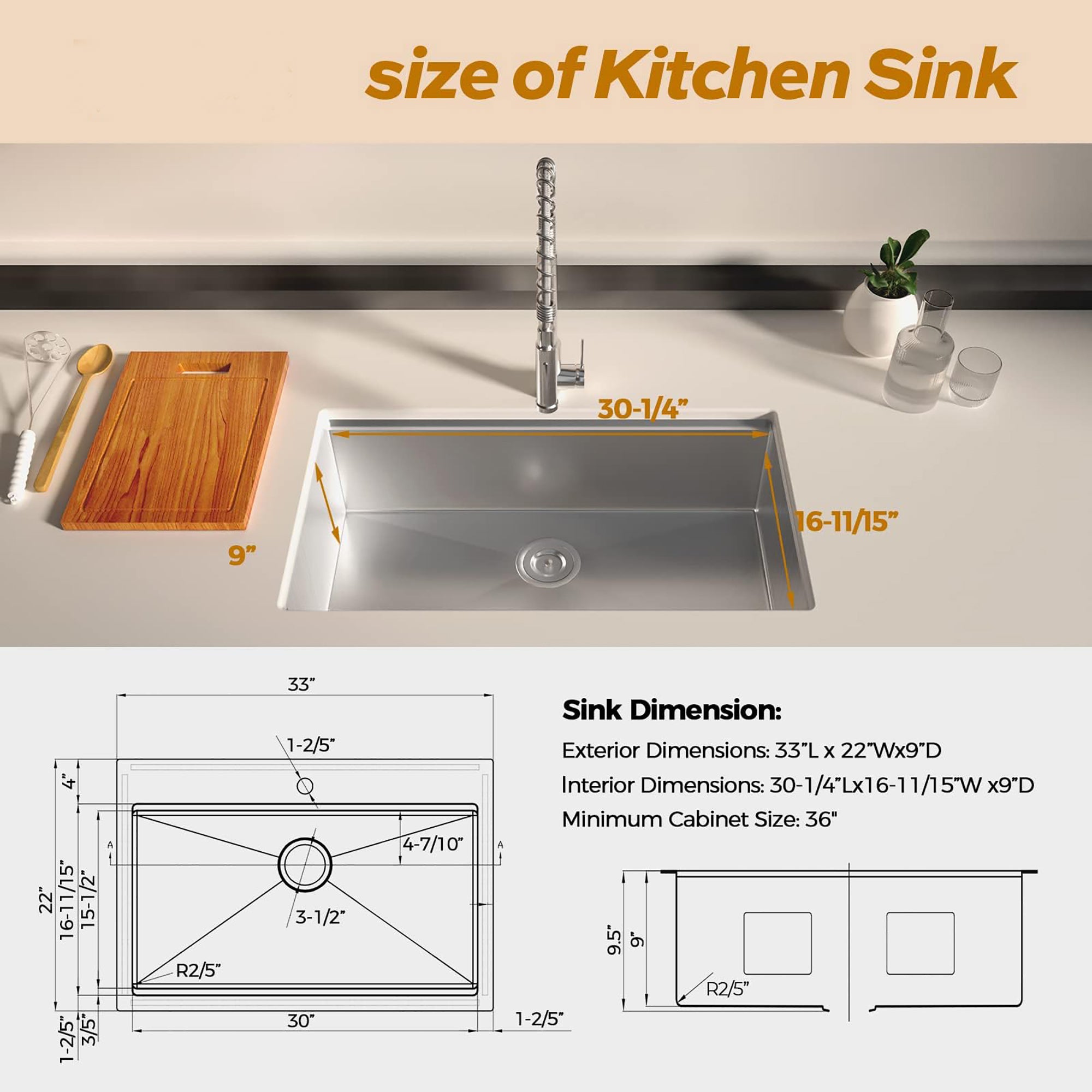 Stainless Steel 33 Inches Single Bowl Drop-in Kitchen Sink with Faucet