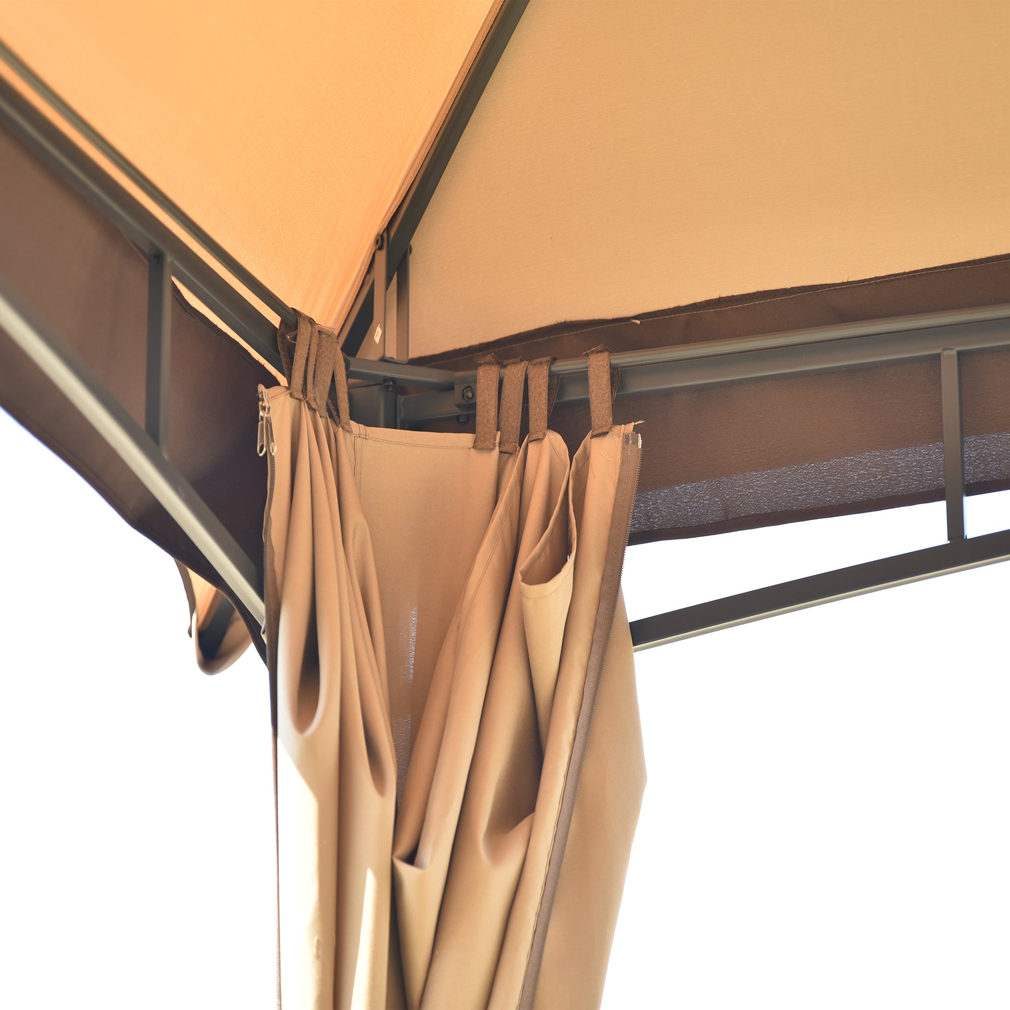 10 ft. x 12 ft. Outdoor Brown Double Vents Gazebo Patio Metal Canopy with Screen and LED Lights