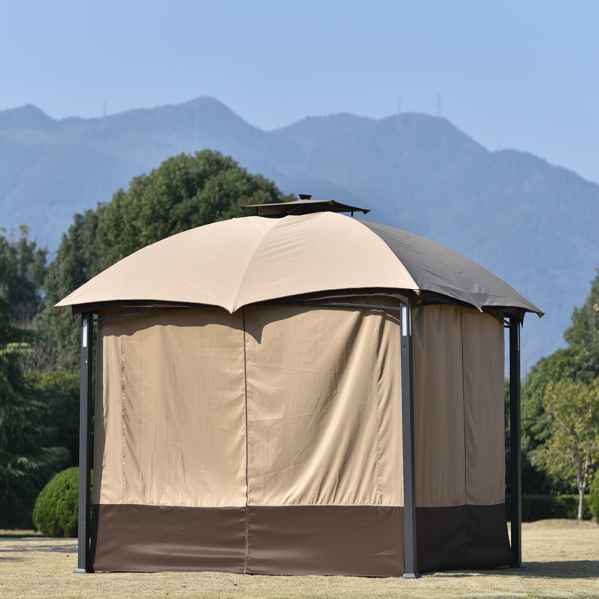 10 ft. x 12 ft. Outdoor Brown Double Vents Gazebo Patio Metal Canopy with Screen and LED Lights